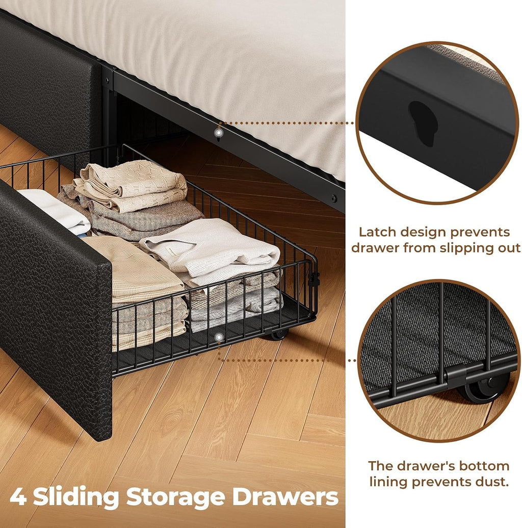 Rolanstar Queen Bed Frame with Storage Headboard & 4 Drawers, Metal Platform Bed with Charging Station, LED Single Bed with Side Shelf, No Box Spring Needed, Easy Assembly, Black