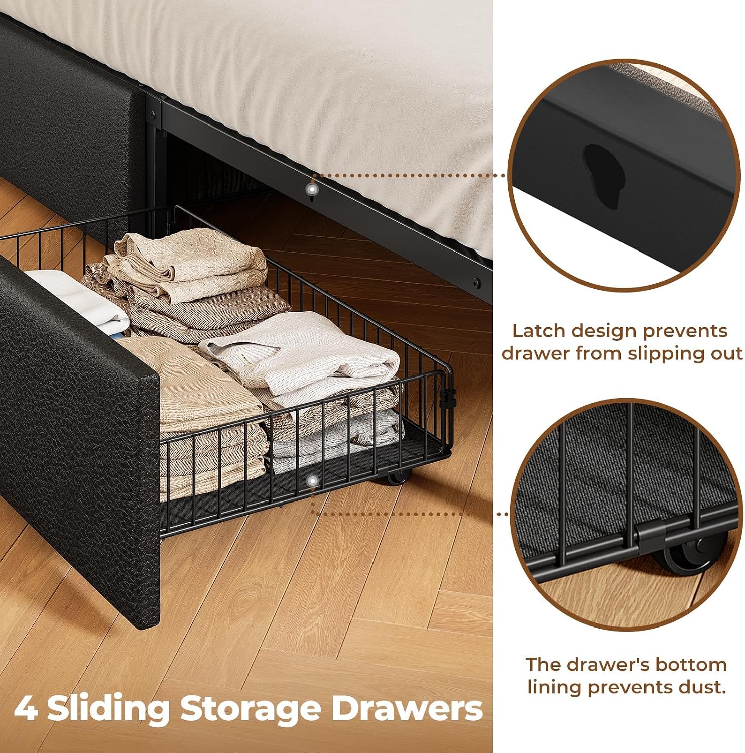 Rolanstar Queen Bed Frame with Storage Headboard & 4 Drawers, Metal Platform Bed with Charging Station, LED Single Bed with Side Shelf, No Box Spring Needed, Easy Assembly, Black