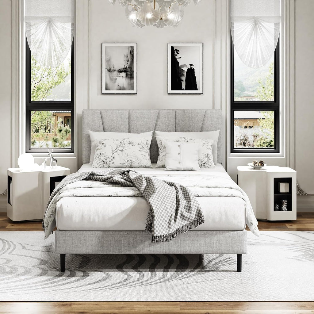 Sismplly Full Size Platform Bed Frame with Upholstered Headboard, Wooden Slats Support, Noise Free, No Box Spring Needed, Easy Assembly, Light Grey, Linen
