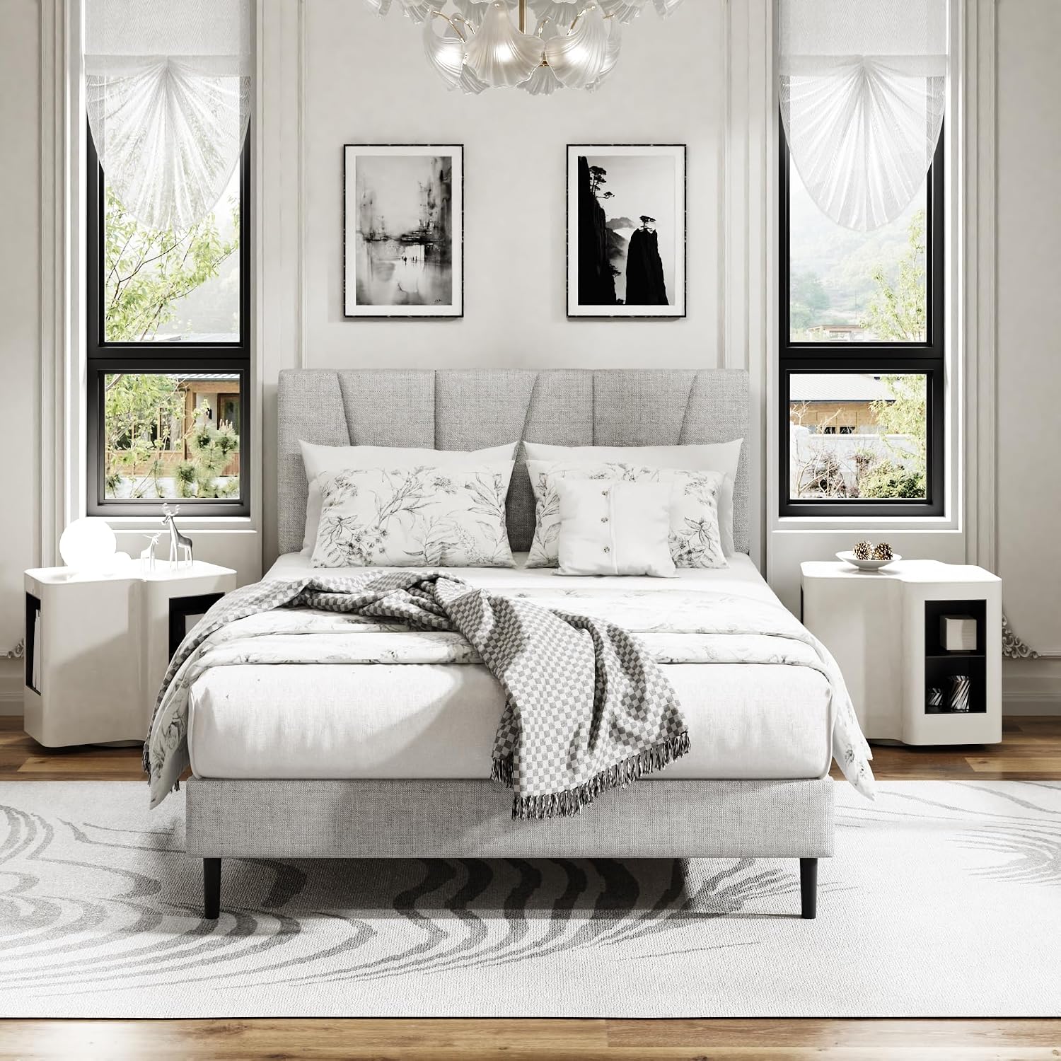 Sismplly Full Size Platform Bed Frame with Upholstered Headboard, Wooden Slats Support, Noise Free, No Box Spring Needed, Easy Assembly, Light Grey, Linen