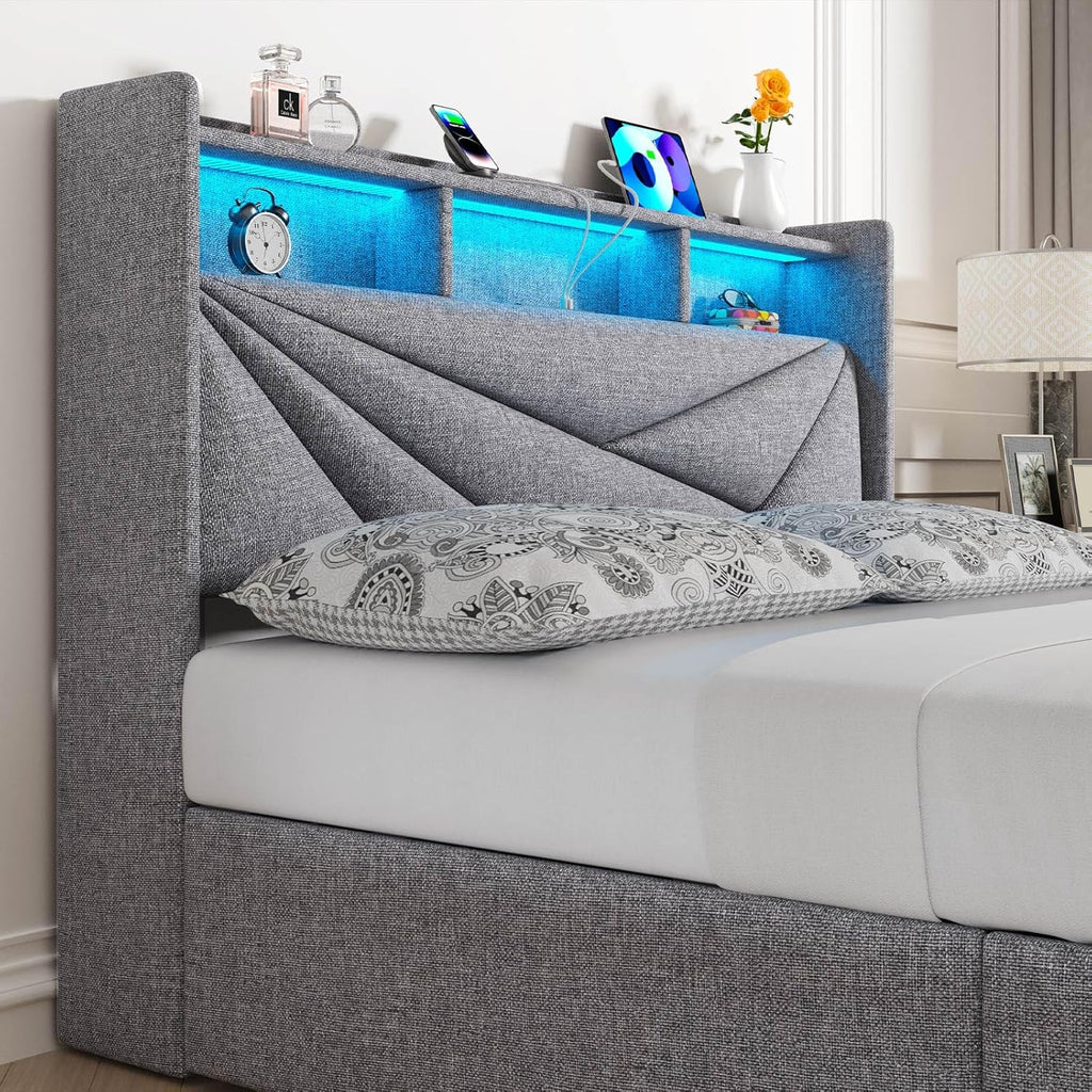Driftalia LED Full Size Bed Frame with 4 Storage Drawers, Upholstered Full Bed Frame with 2-Tier Headboard and Charging Station, No Box Spring Needed, Easy to Assembly - Light Grey