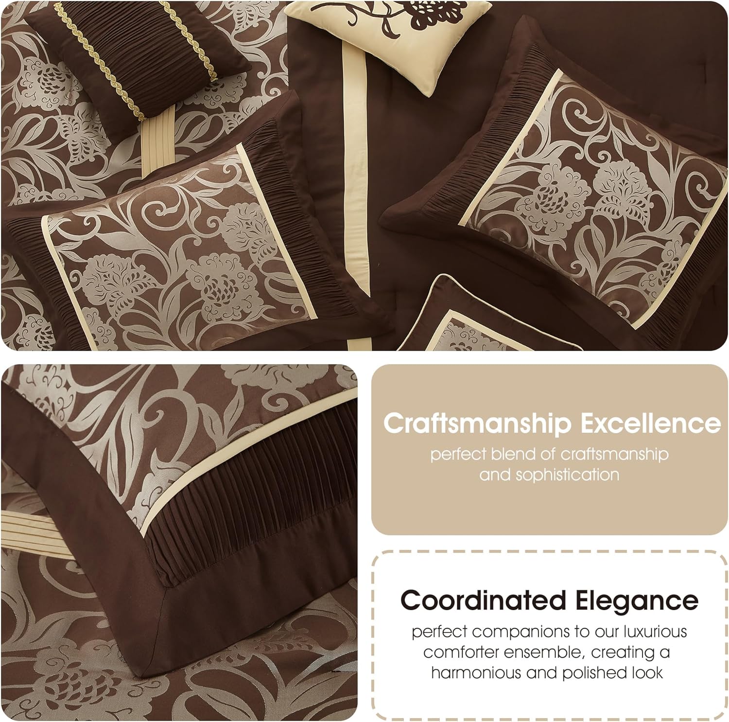Stratford Park 7 Piece Brown Gold Comforter Set, King Size Jacquard Floral Bedding Set, All Season, Ultra-Soft, Matching Pillows & Shams, Bed Skirt