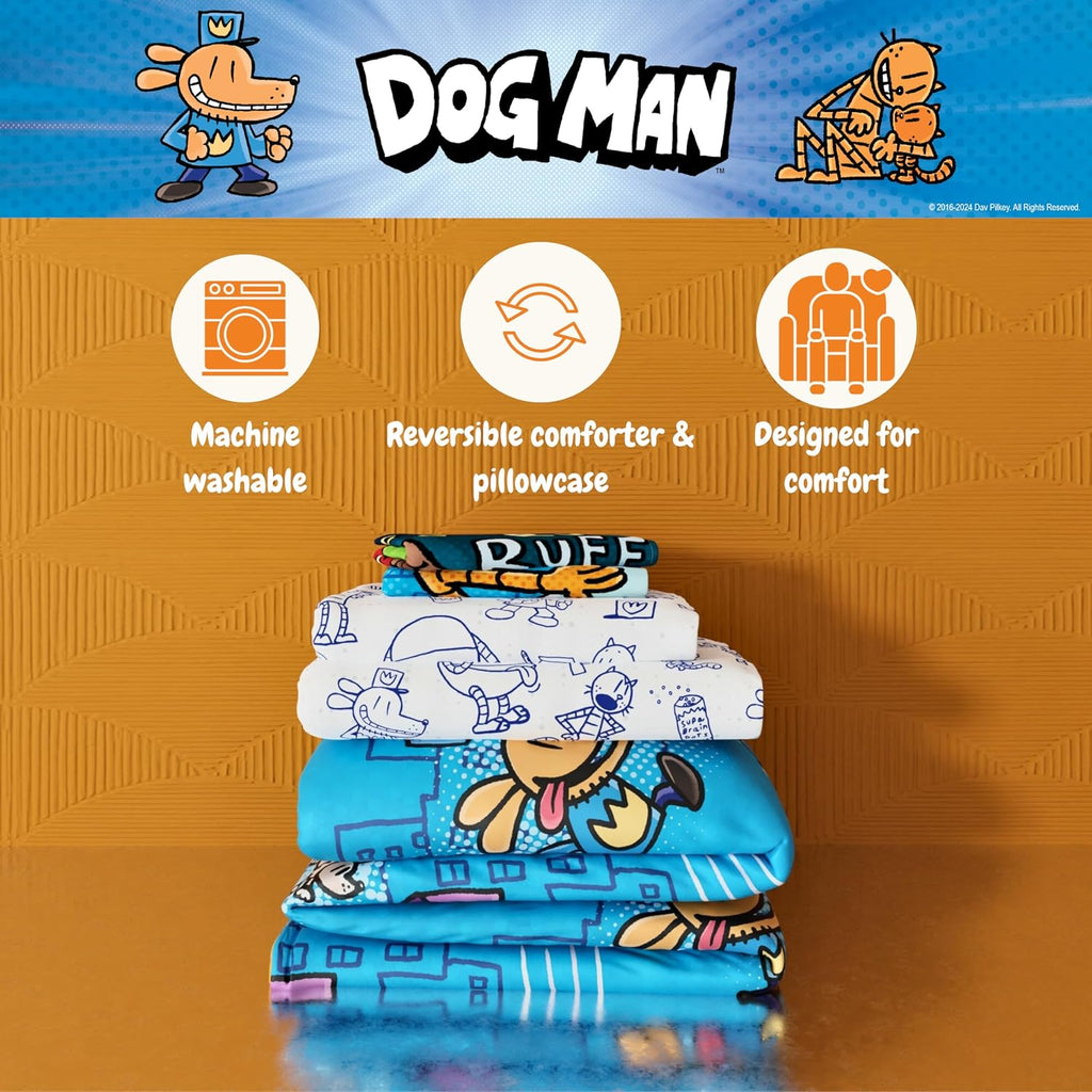 Dog Man Supa Buddies Book Kids Bedding Set, Queen Size 7 Piece Set Super Soft Cozy Reversible Comforter and Sheet Set with Sham, (Officially Licensed Product) by Franco