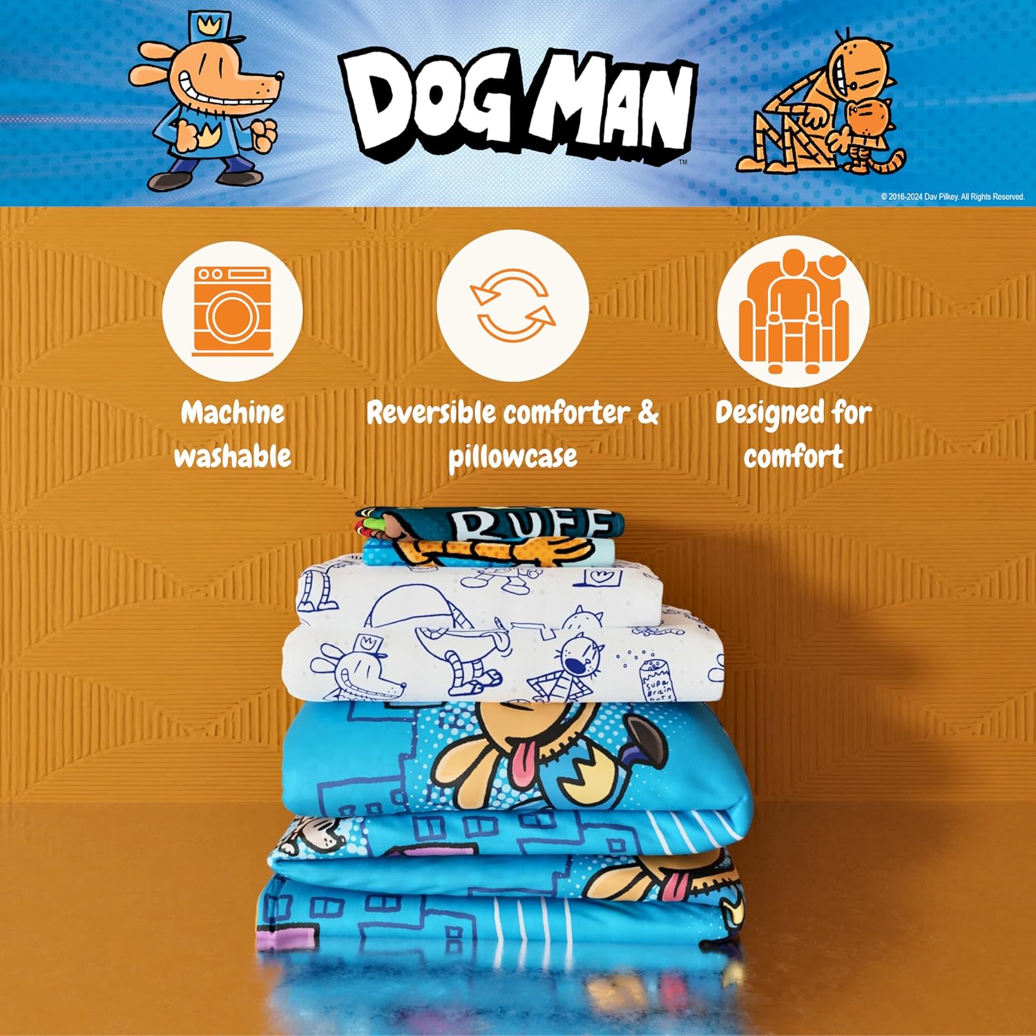 Dog Man Supa Buddies Book Kids Bedding Set, Queen Size 7 Piece Set Super Soft Cozy Reversible Comforter and Sheet Set with Sham, (Officially Licensed Product) by Franco