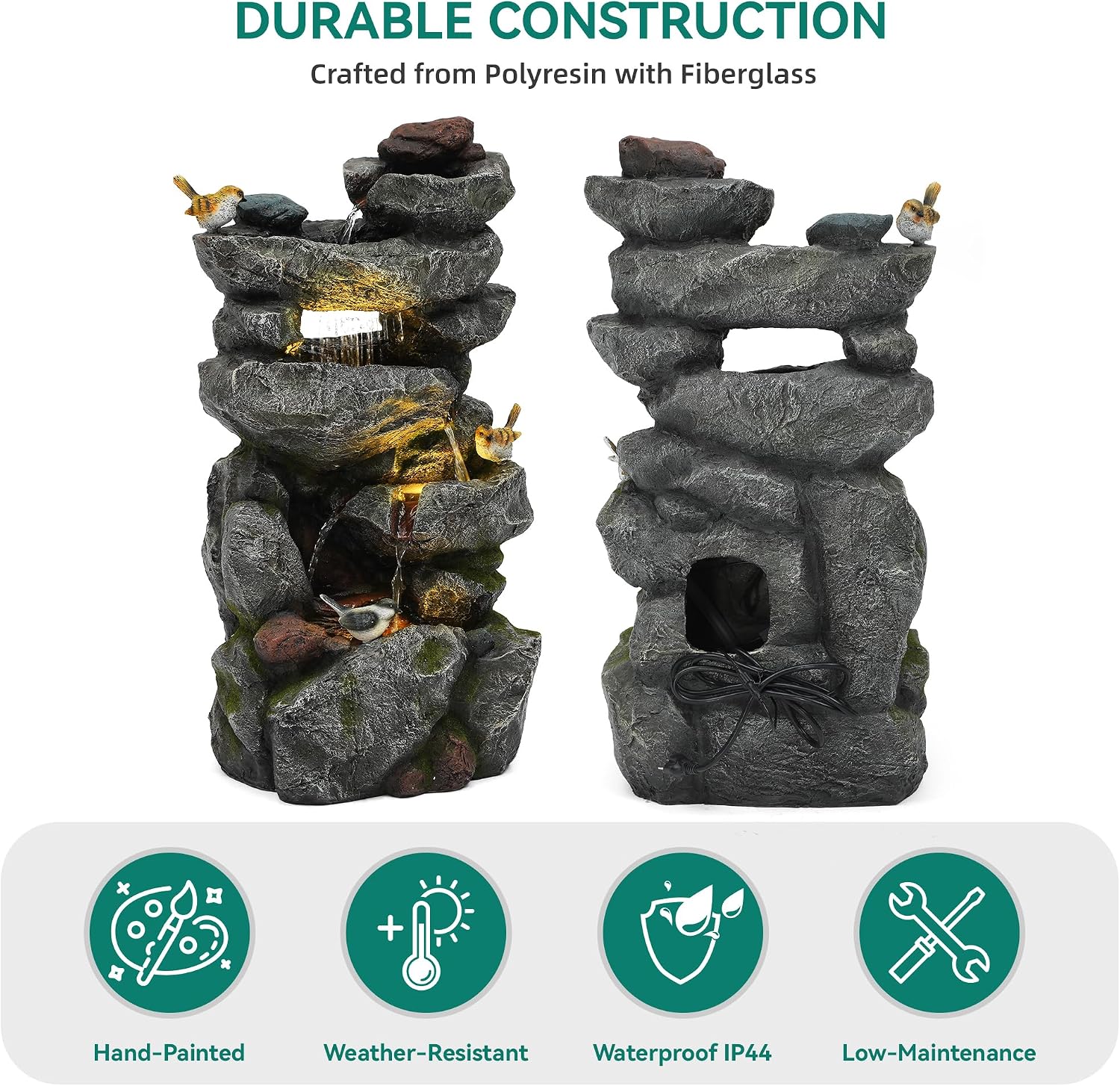 31.5' Multi-Tier Rock Outdoor Water Fountain with LED Lights, Cascading Waterfall with Birds for Garden Patio Porch, Weather-Resistant Resin Water Feature for Tranquil Oasis