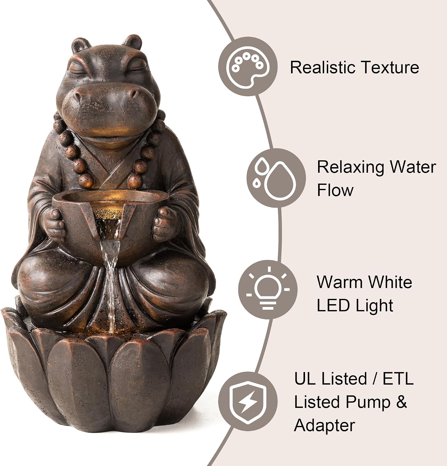 Glitzhome Water Fountain Outdoor, Outdoor Fountain with Lights, Zen-Style Water Fountain with Pump, 22' H 2-Tiered Bronze Hippo Polyresin Water Feature for Home Patio Garden Backyard Decor