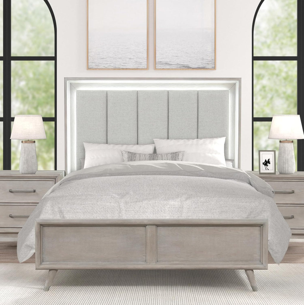 Roundhill Furniture Seluna 5-Piece Bedroom Set with Touch LED Lighting, Gray Oak Finish, Queen