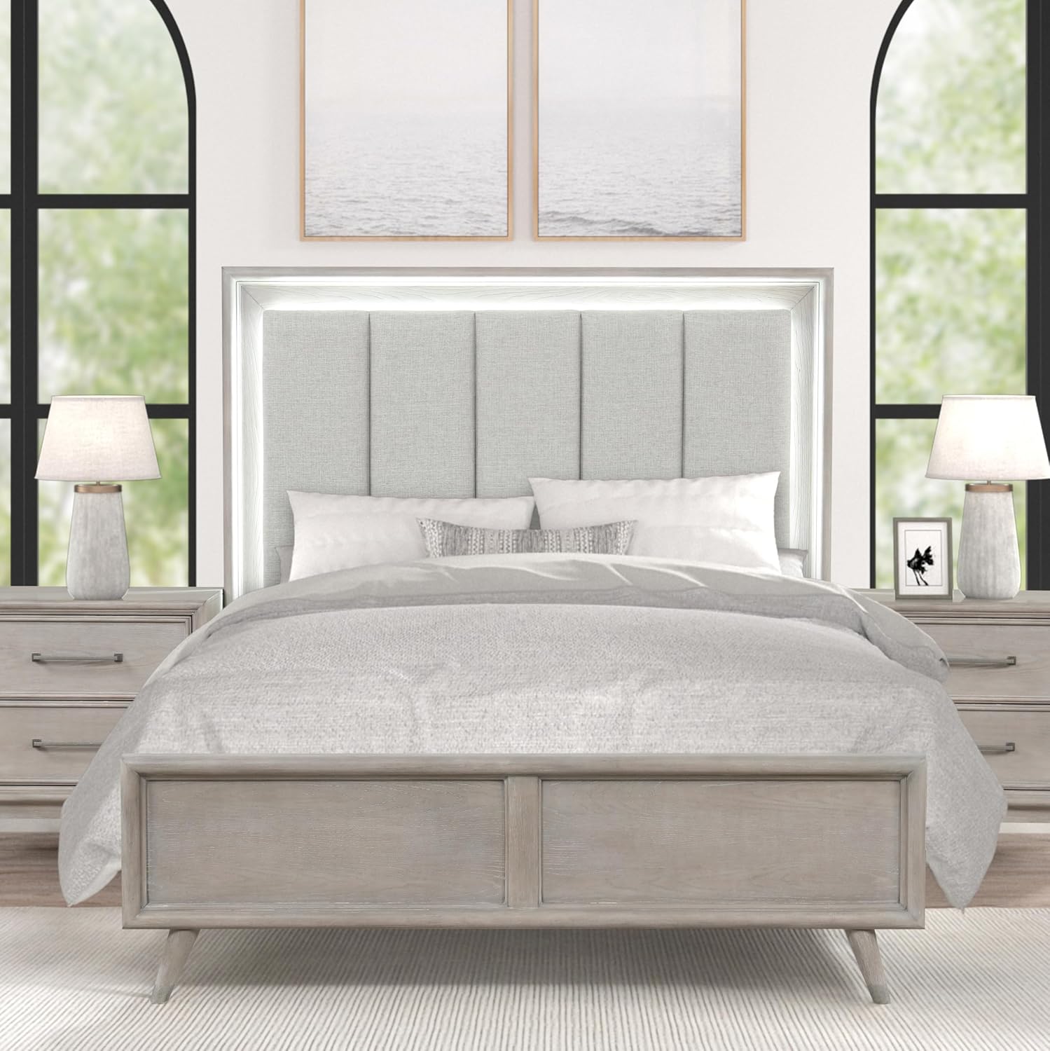 Roundhill Furniture Seluna 5-Piece Bedroom Set with Touch LED Lighting, Gray Oak Finish, Queen
