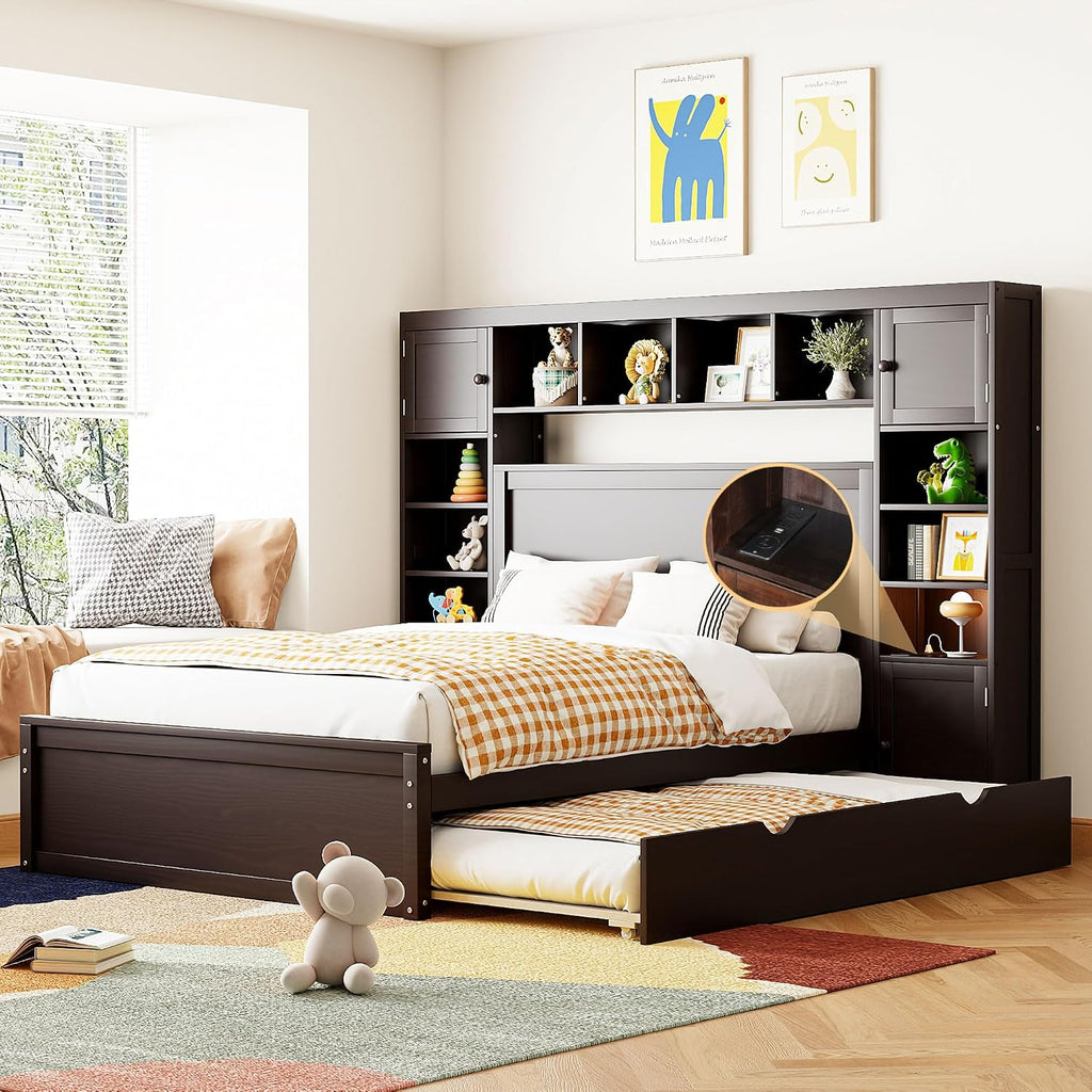 Harper & Bright Designs Full Platform Bed with All-in-One Cabinet, Shelf and Sockets Wood Full Size Beds with Trundle & 2 Drawers, Full Bed Frame for Bed Room, No Box Spring Needed,Espresso