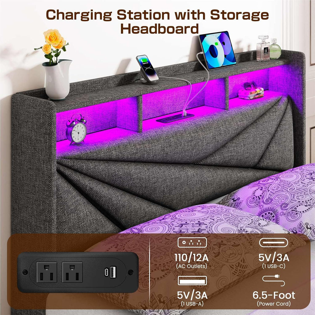 Driftalia LED Full Size Bed Frame with 4 Storage Drawers, Upholstered Full Bed Frame with 2-Tier Headboard and Charging Station, No Box Spring Needed, Easy to Assembly - Black Grey
