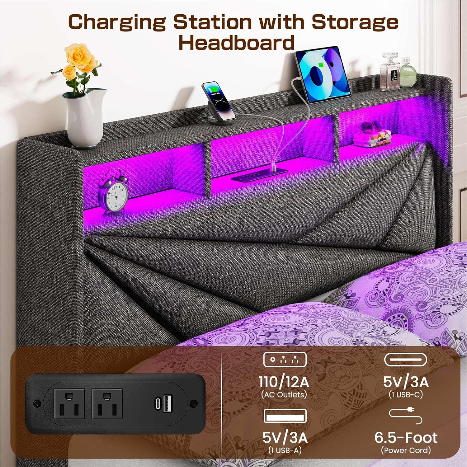 Driftalia LED Full Size Bed Frame with 4 Storage Drawers, Upholstered Full Bed Frame with 2-Tier Headboard and Charging Station, No Box Spring Needed, Easy to Assembly - Black Grey