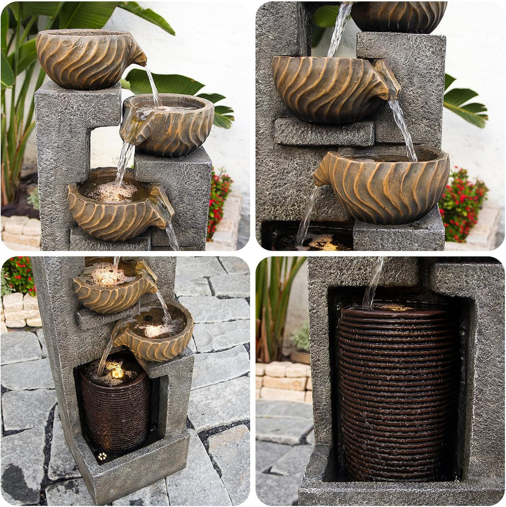 44.09''H Outdoor Garden Water Fountain with LED Lights Bowl Cascading Floor Standing Waterfall Fountains Indoor 5-Tiered Water Feature Decor for Backyard Lawn Porch Deck