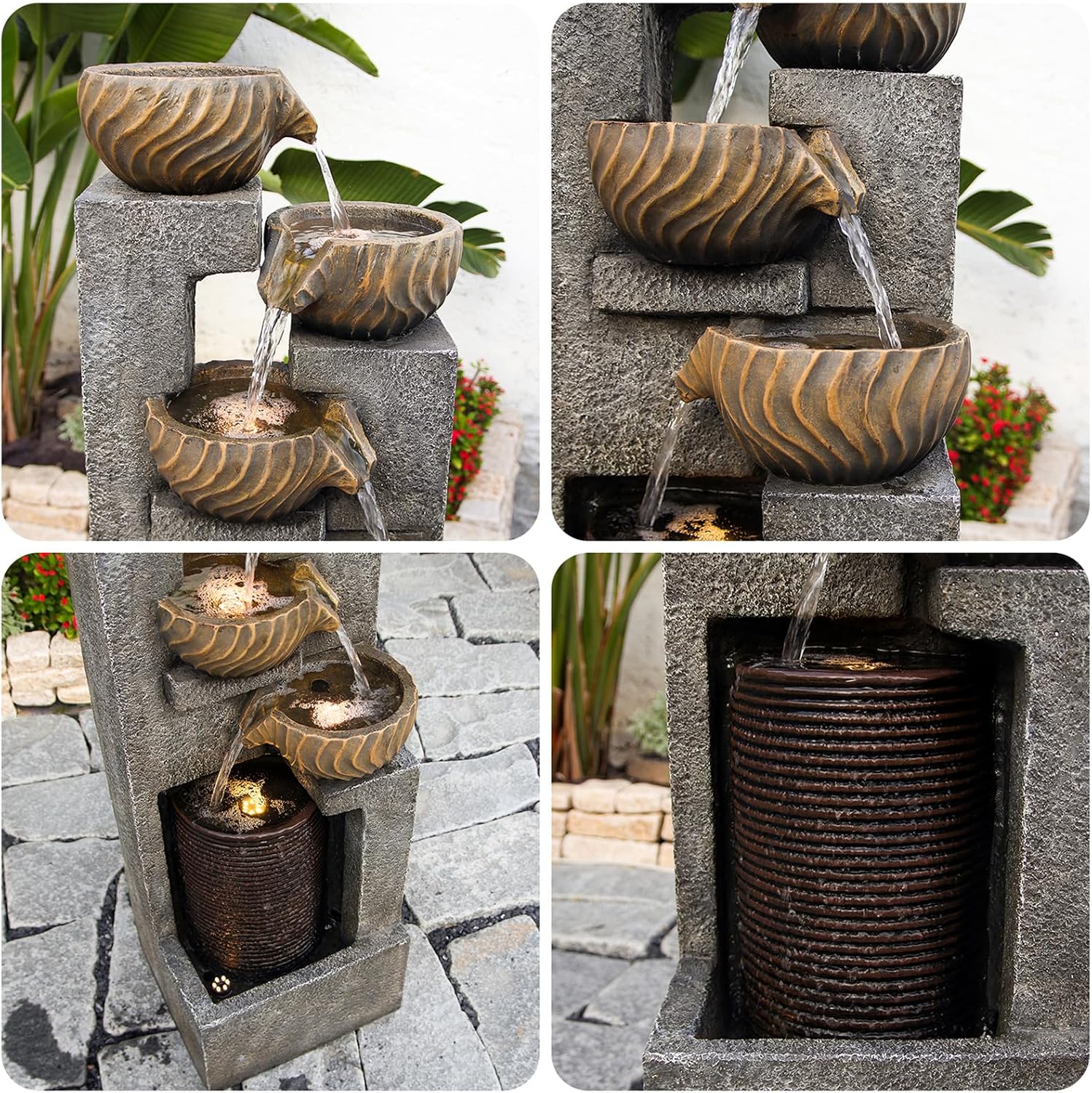 44.09''H Outdoor Garden Water Fountain with LED Lights Bowl Cascading Floor Standing Waterfall Fountains Indoor 5-Tiered Water Feature Decor for Backyard Lawn Porch Deck