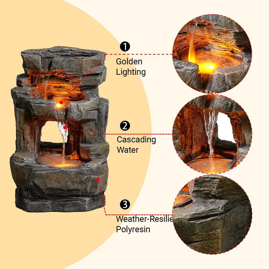 Kalona Outdoor Waterfall Fountain with LED Lights - 3-Tier Resin Rock Water Feature for Garden Patio Backyard, 21.5' Tall Fountain Decor 24392