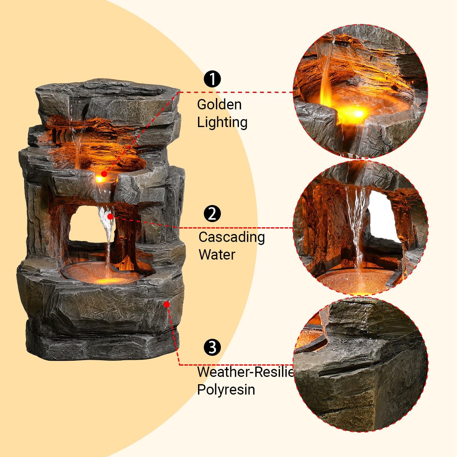 Kalona Outdoor Waterfall Fountain with LED Lights - 3-Tier Resin Rock Water Feature for Garden Patio Backyard, 21.5' Tall Fountain Decor 24392