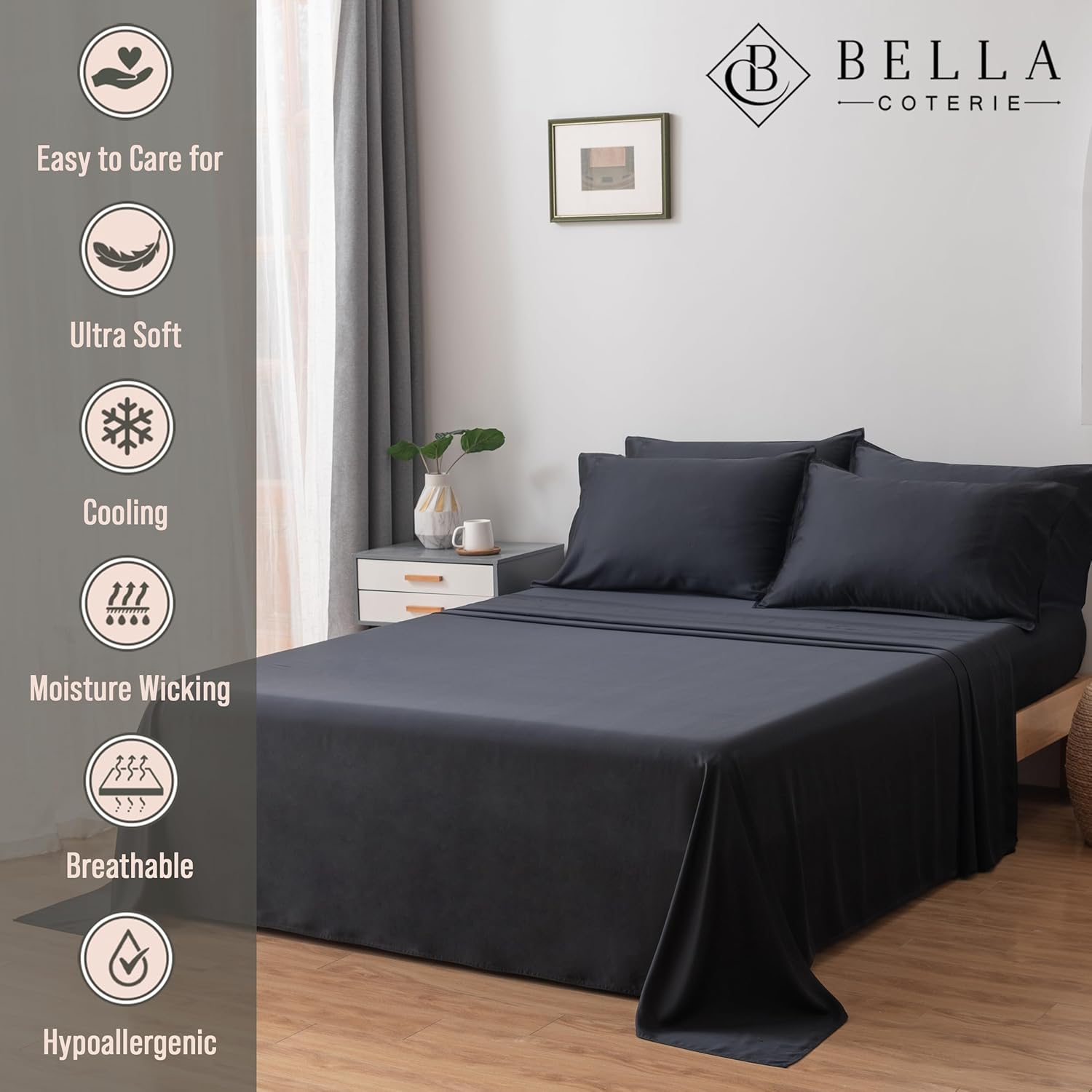 Bella Coterie 6 Piece Luxury Bamboo Viscose King Size Sheet Set | 100% Organically Grown | Cooling for Hot Sleepers | 18' Deep Pocket | Soft & Hypoallergenic | 4 Pillowcases [Black]