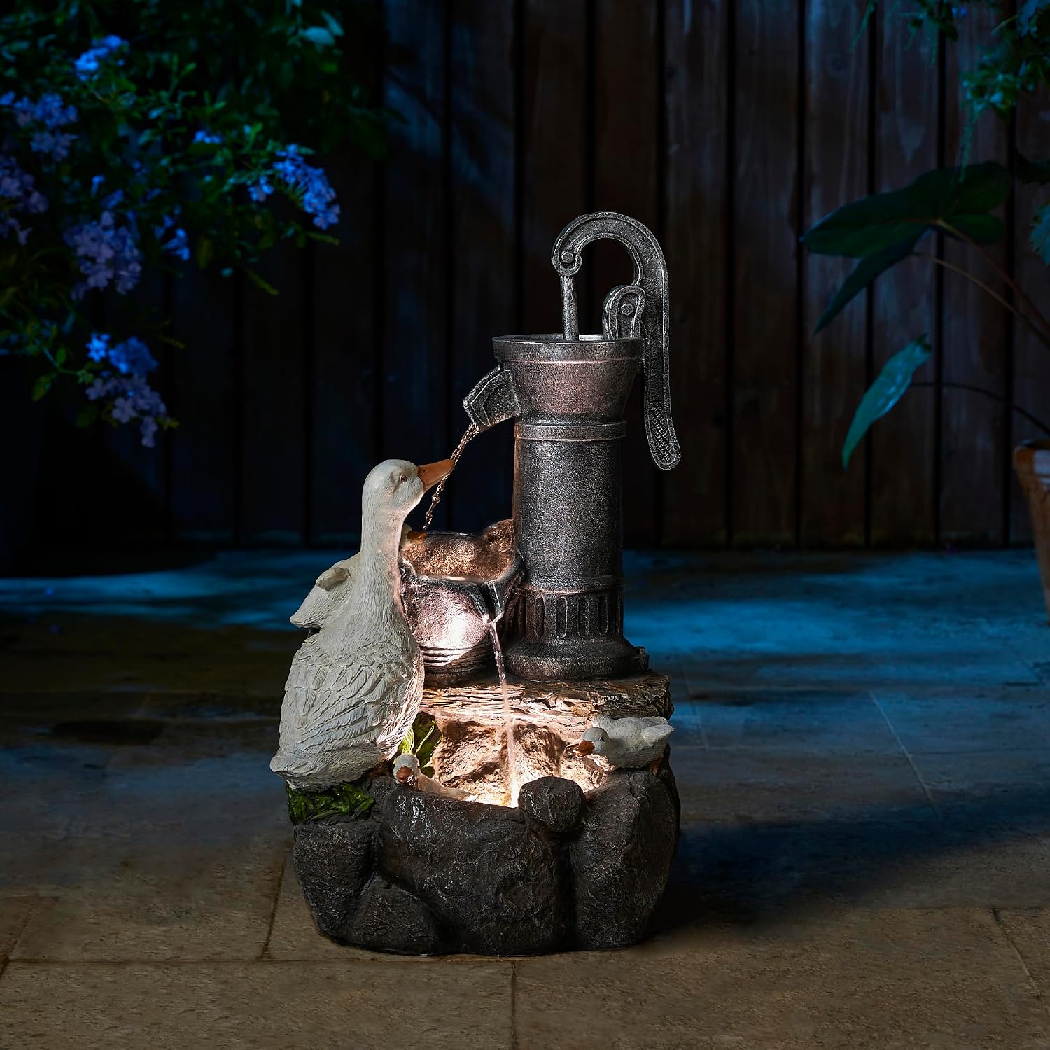 Glitzhome 24' Farmhouse Duck Outdoor Fountain with LED & Pump – 2-Tier Cascading Water Fountain for Outside Garden Decor - Rustic Waterfall for Backyard, Garden, or Patio Decor
