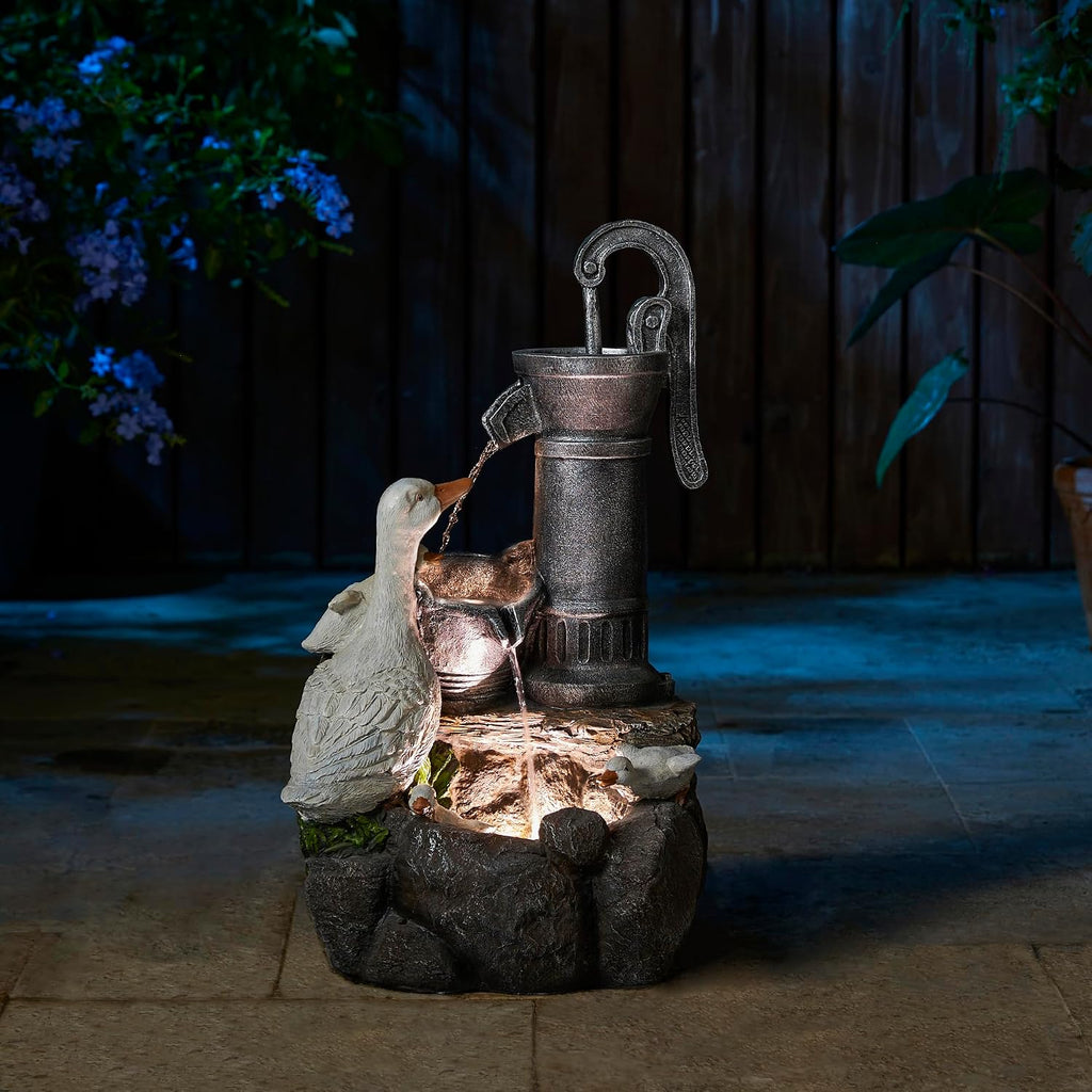 Glitzhome 23.5' Outdoor Duck Fountain with LED Light & Pump, Freestanding 2 Tier Weather-Resistant Patio Fountains Waterfall, Farmhouse Duck Family Sculpture Water Fountain for Backyard Lawn Decor