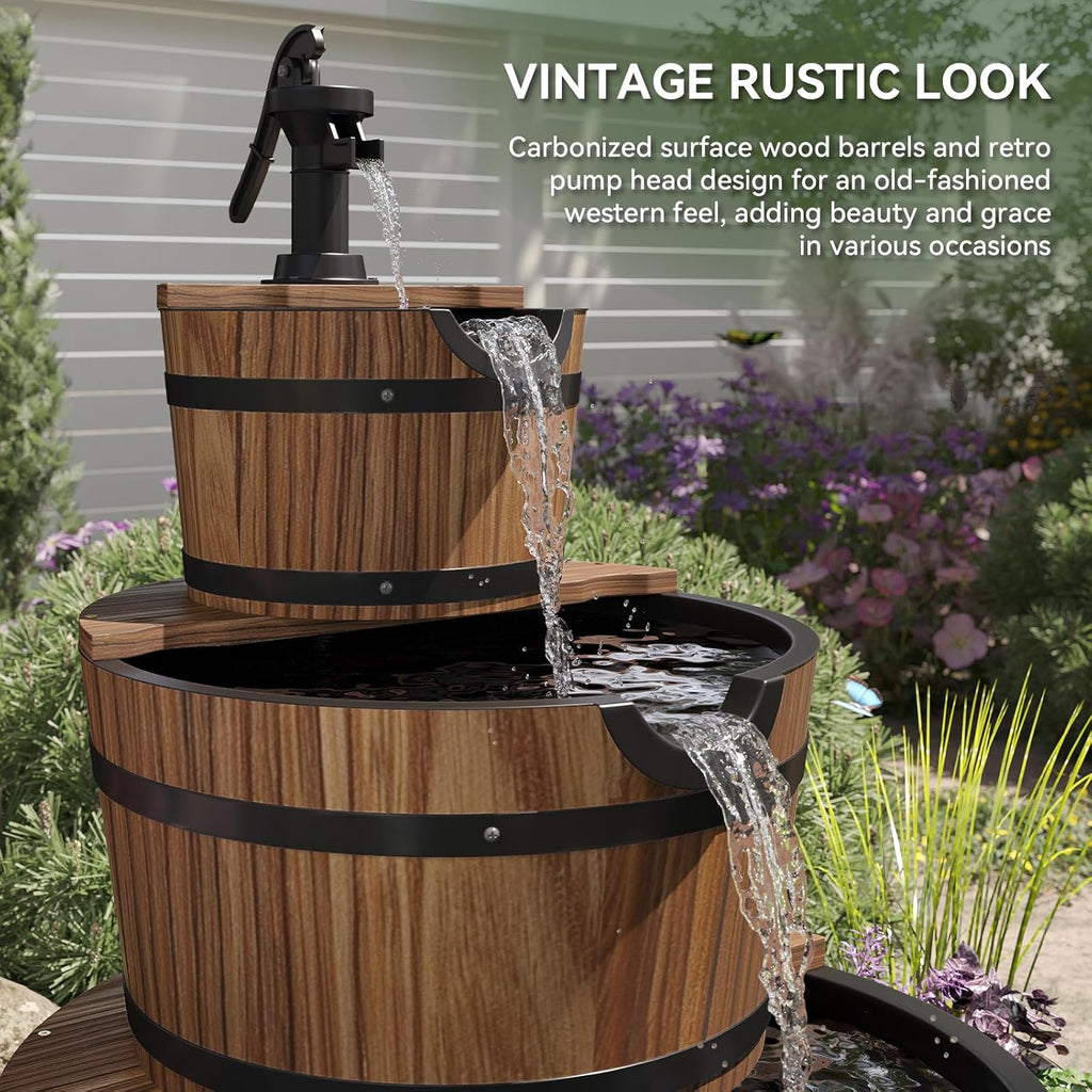 Aoxun 3-Tier Outdoor Water Fountain, Wood Barrel Cascading with Electric Decorative Hand Pump, Rustic Waterfall Fountain for Garden, Backyard, Patio, Porch, Yard