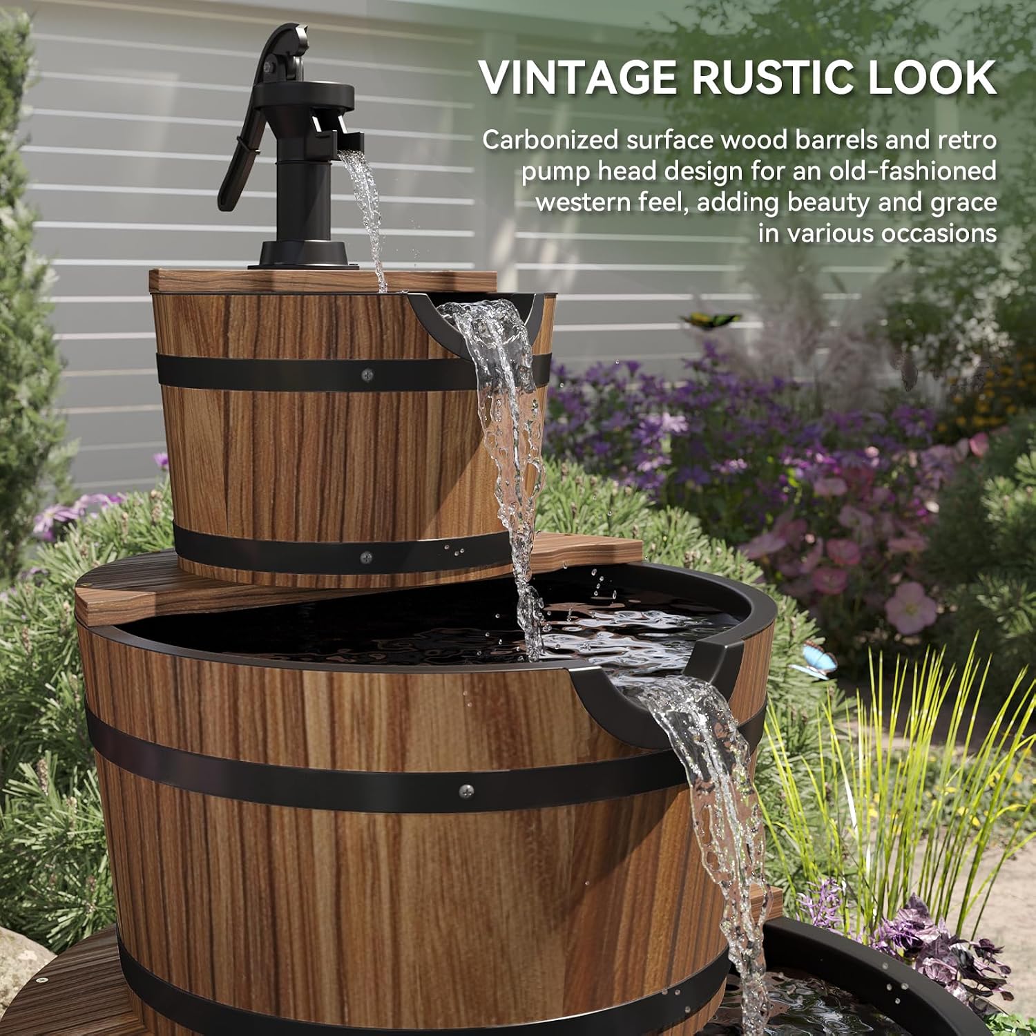 Aoxun 3-Tier Outdoor Water Fountain, Wood Barrel Cascading with Electric Decorative Hand Pump, Rustic Waterfall Fountain for Garden, Backyard, Patio, Porch, Yard