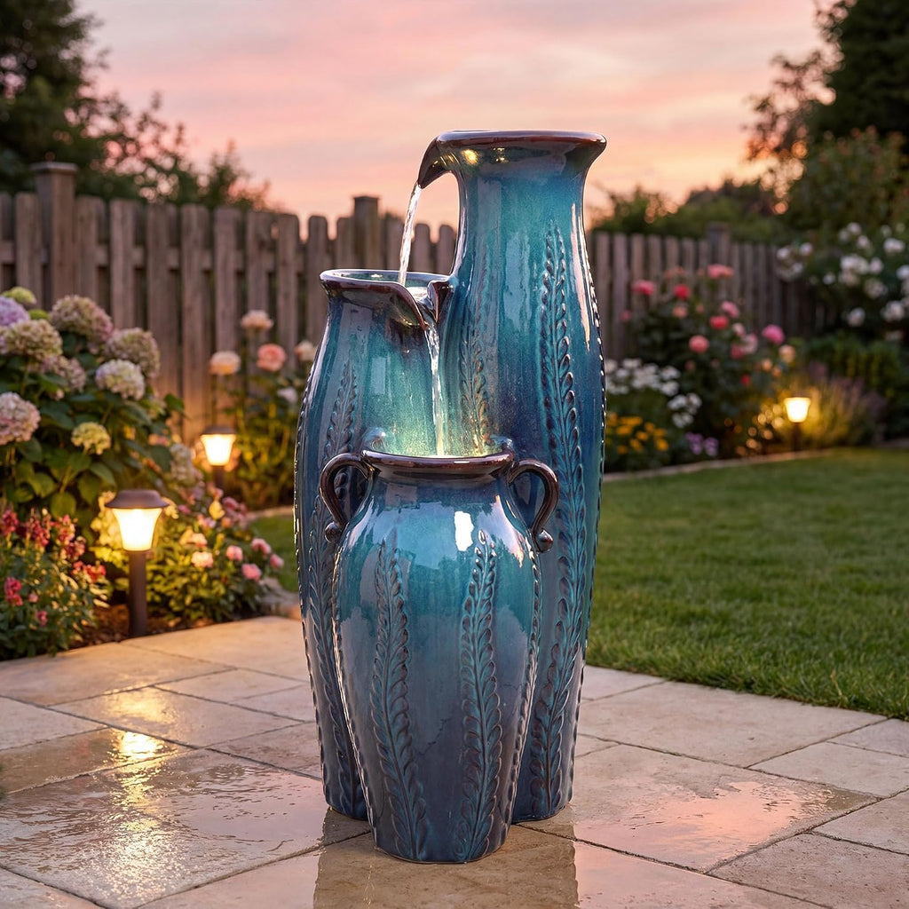 29.5' H Ceramic Outdoor Water Fountain with LED Lights, 3-Tier Vase Cascading Water Feature, Turquoise with Embossed Leaf Patterns, Tranquil Waterfall for Garden, Patio, Yard, or Porch