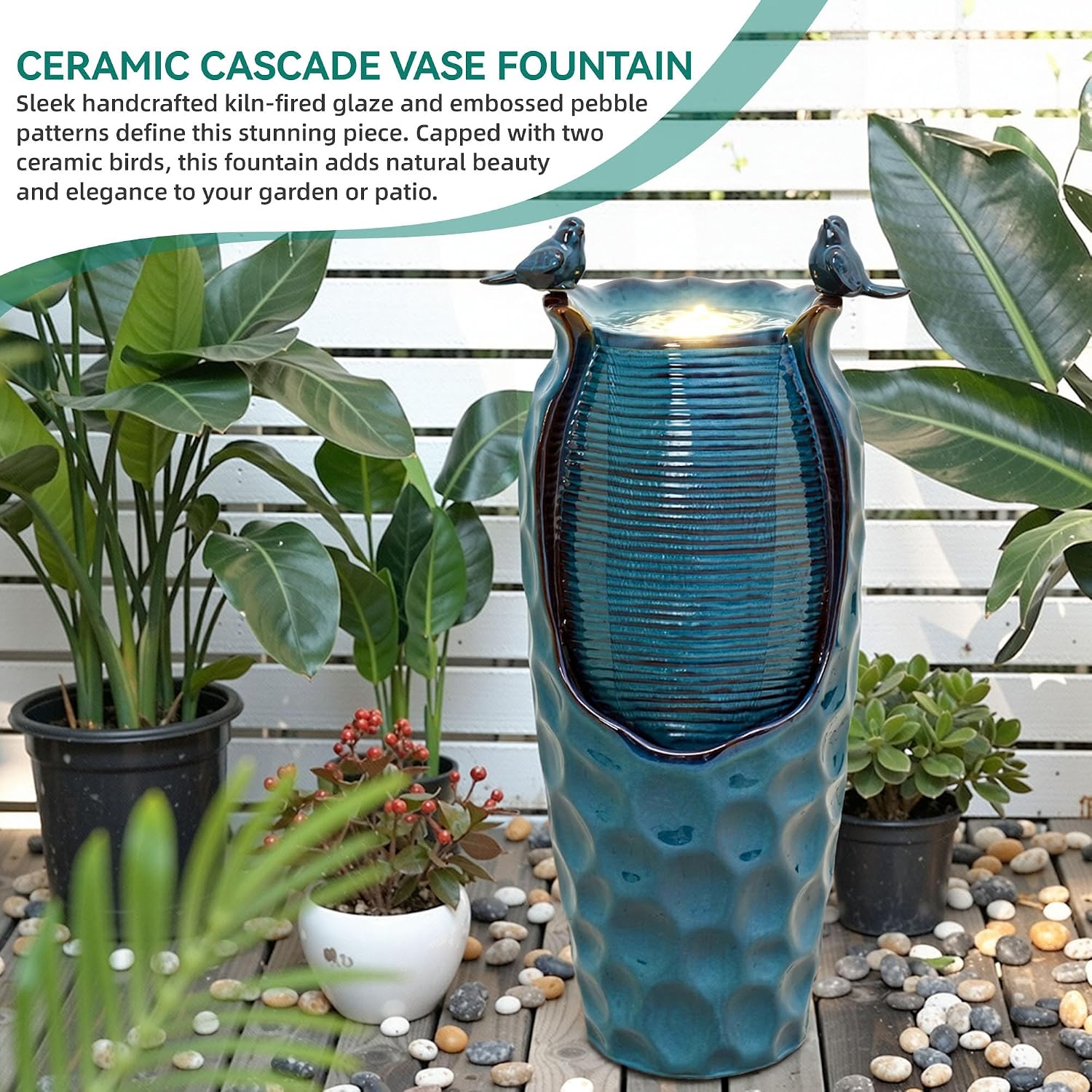 32.5' H Ceramic Jar Outdoor Fountain, Honeycomb Pot Water Feature with LED Lights, Soothing Trickling Waterfall for Garden, Patio, Yard, Balcony Oasis, KD Vivid Birds, Turquoise Glaze