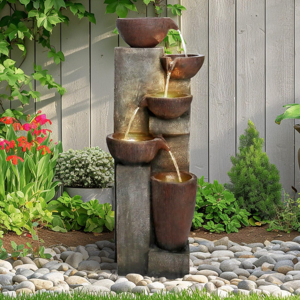 SunJet 5-Tier Cascading Indoor/Outdoor Water Fountain with LED Lights - 39.7' High Large Waterfall Floor Standing Fountain for Garden, Patio, Yard, and Deck Decor - Relaxing Outdoor Water Feature
