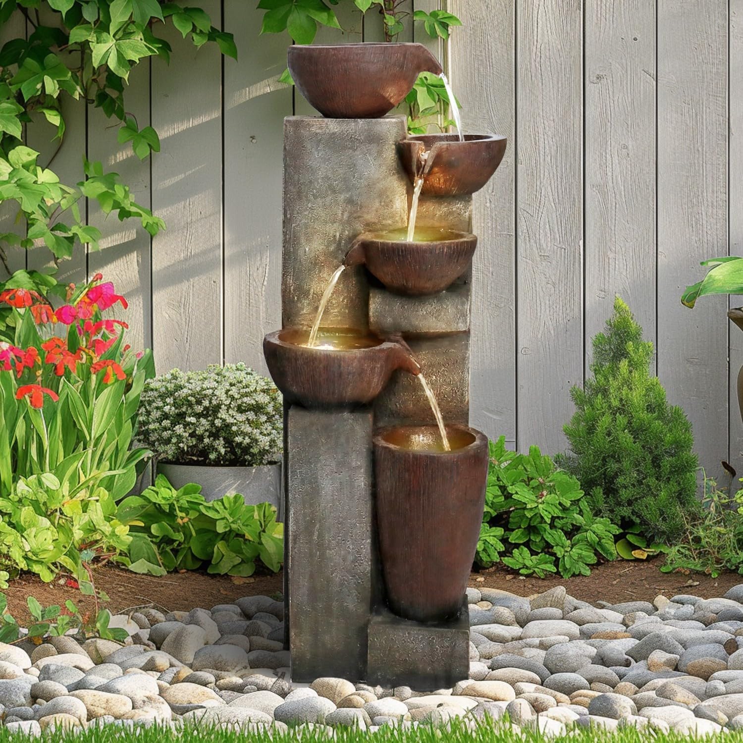 SunJet 5-Tier Cascading Indoor/Outdoor Water Fountain with LED Lights - 39.7' High Large Waterfall Floor Standing Fountain for Garden, Patio, Yard, and Deck Decor - Relaxing Outdoor Water Feature