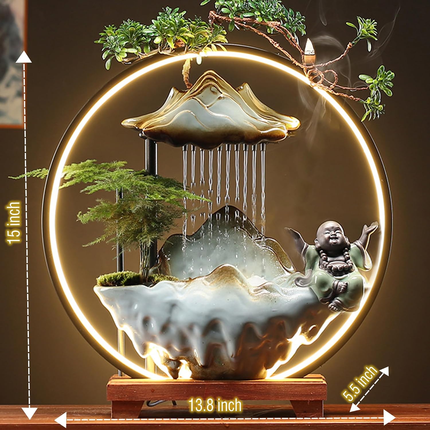 Ceramic Maitreya Buddha Incense Burner, Waterfall Lotus LED Light Ring Backflow Aromatherapy Ornament, with Incense Cones for Home Office Decor for Relaxation Yoga Gift (Buddha-2)