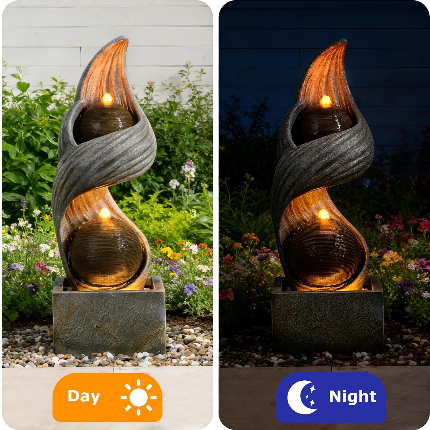 42.9'H Large Water Fountains Outdoor,Modern Spiral Water Fountain Outdoor with Dual Spheres Zen Water Feature Floor Fountain with Light LED Waterfall for Outside Deck, Patio, Porch, Garden, Yard Decor