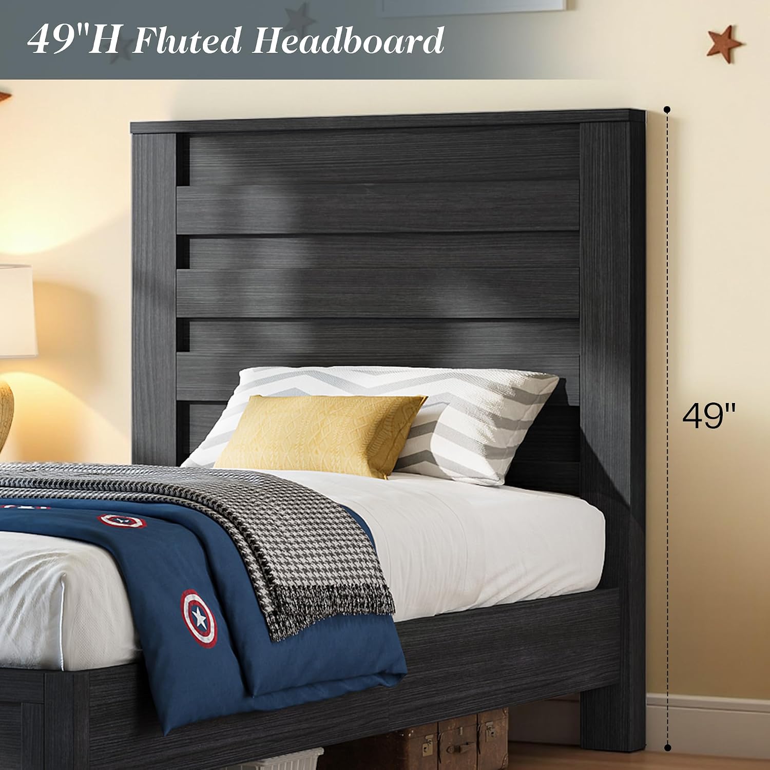 Albott Farmhouse Twin Platform Bed with 49' Fluted Headboard, Wood Bed Frame with Natural Grain Finish, No Box Spring Needed, Noise-Free, Black
