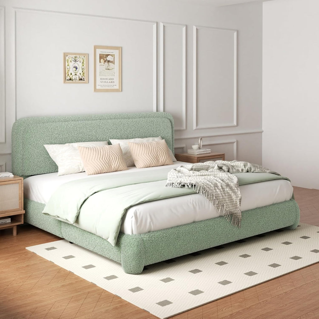 Queen Boucle Platform Bed Frame with Adjustable Headboard, Upholstered Cloud Queen Bed, Anti-Collision Soft Rounded Corners, No Box Spring Needed, Noise Free, Easy Assembly, Green