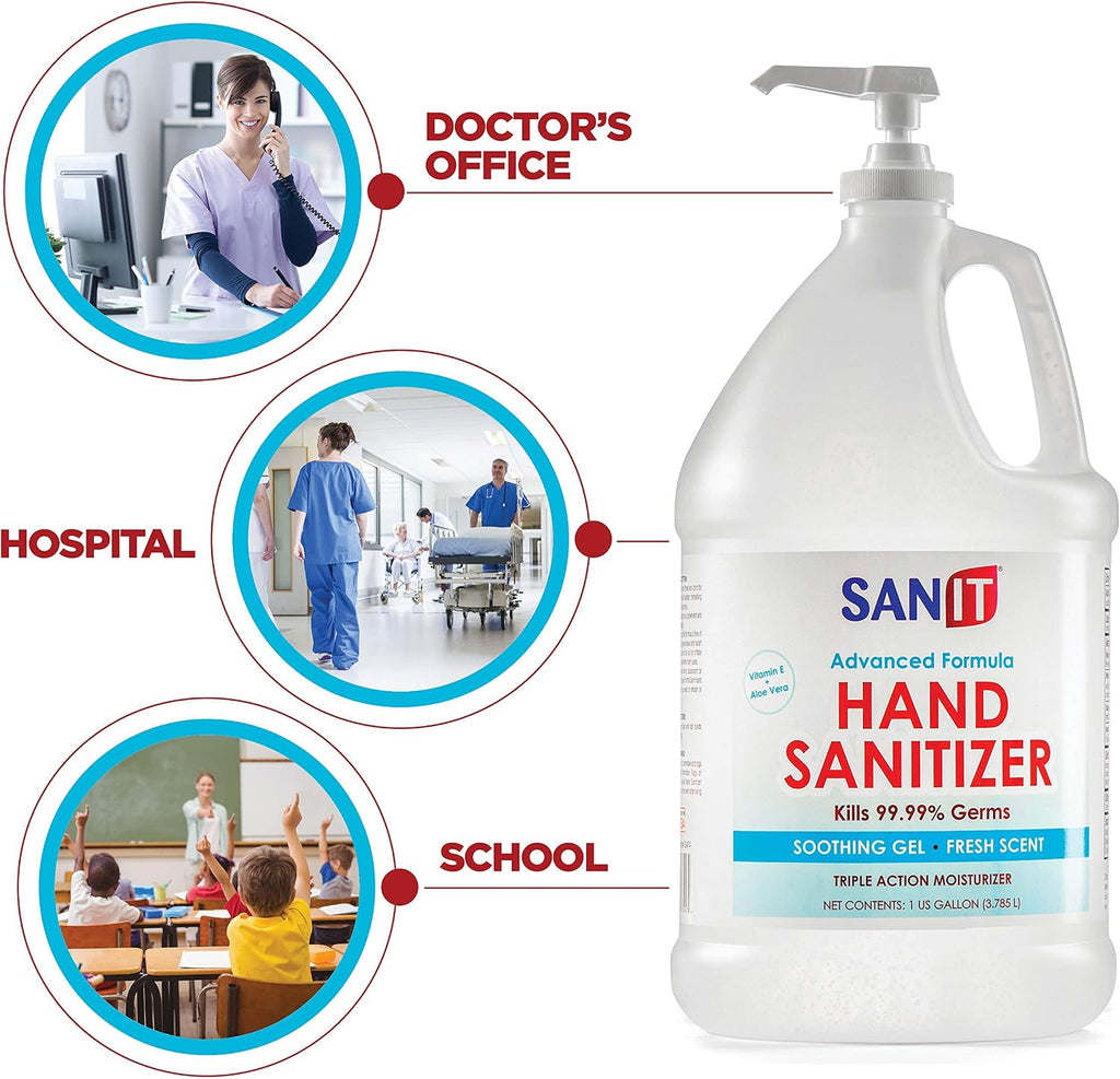 Sanit Moisturizing Hand Sanitizer Gel 70% Alcohol - Kills 99.99% Germs, Advanced Formula with Vitamin E and Aloe Vera - Soothing Gel, Fresh Scent, Made in USA - 1 Gallon with Pump, 4 Pack