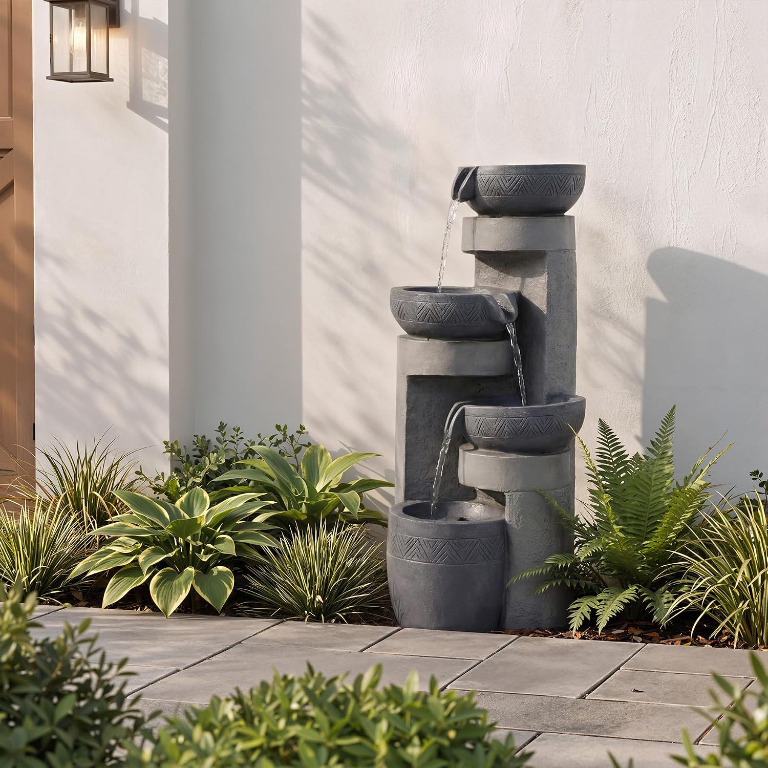 31.5' Tall Outdoor Water Fountain, 4 Tier Cascading Bowls and Stacked Water Fountain with LED Lights, for Yard Décor, Backyard, Patio and Deck (31.5'')