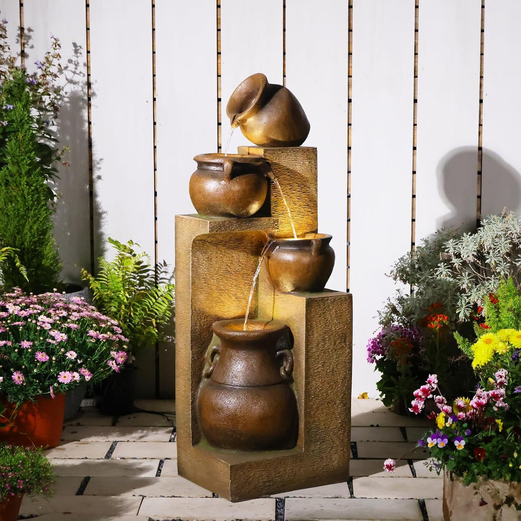 Bumilgar 53' H Large Outdoor Water Fountain with Lights - 4 Tiered Cascading Bowls Waterfall Fountain for Garden, Patio, Backyard, Porch Inside - Freestanding Outdoor Water Feature Gold