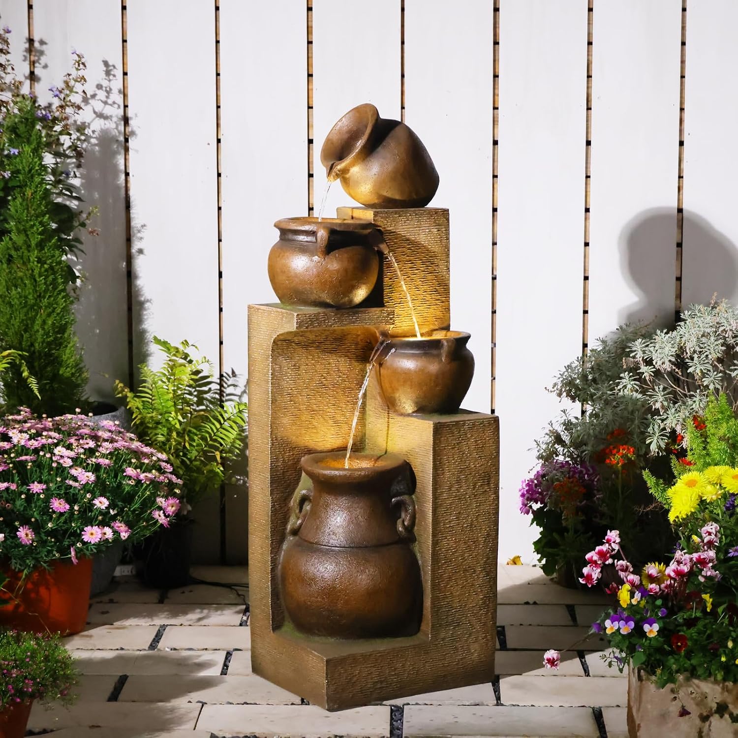 Bumilgar 53' H Large Outdoor Water Fountain with Lights - 4 Tiered Cascading Bowls Waterfall Fountain for Garden, Patio, Backyard, Porch Inside - Freestanding Outdoor Water Feature Gold