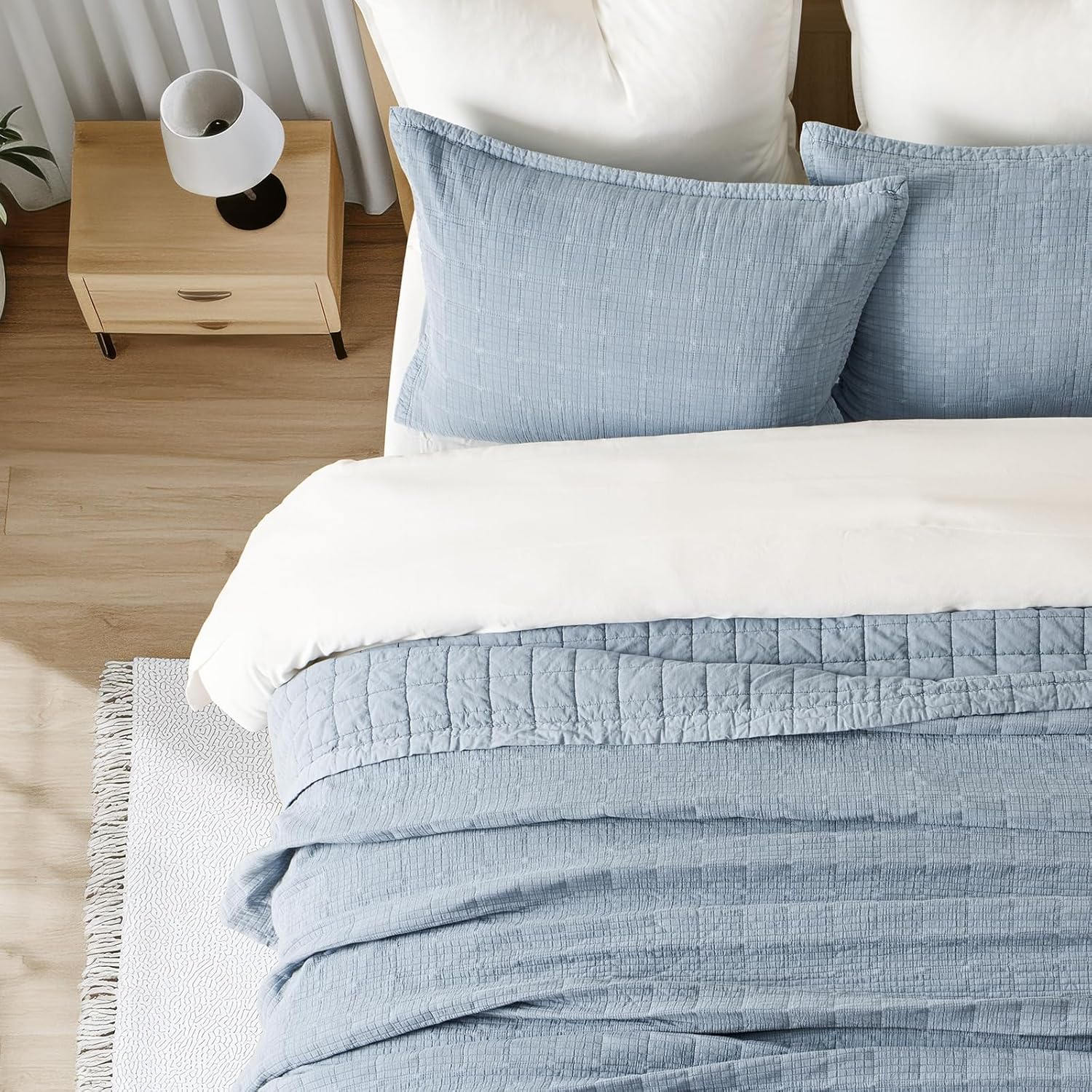 EVERGRACEHOME Stonewashed Cotton Quilt Set King Size, Ultra Soft Oversized Bedspread Coverlet Set, Lightweight Crinkle Box Stitch Bedding Sets for All Season, with 2 Matching Shams, Blue Linen