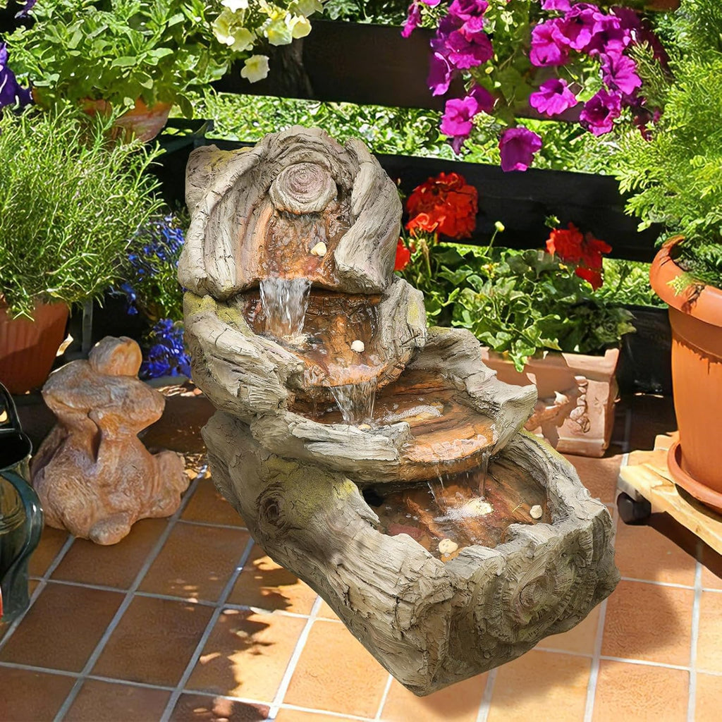 Sunlinua 31.5' L Outdoor Water Fountain with 3 Tiers Cascading Realistic Tree Trunk Waterfall Fountains with LED Lights Outdoor Water Fountain for Garden Patio Backyard Porch Home Decor