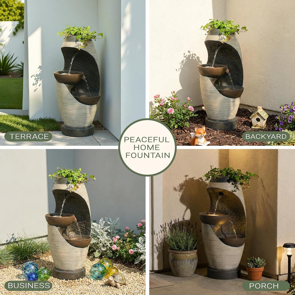 Bumilgar 2-Tier Bowl Water Fountain with LED Lights, 27.95' Tall Freestanding Outdoor & Indoor Garden Waterfall Fountain for Yard, Patio, Backyard, Floor Standing Home Decor