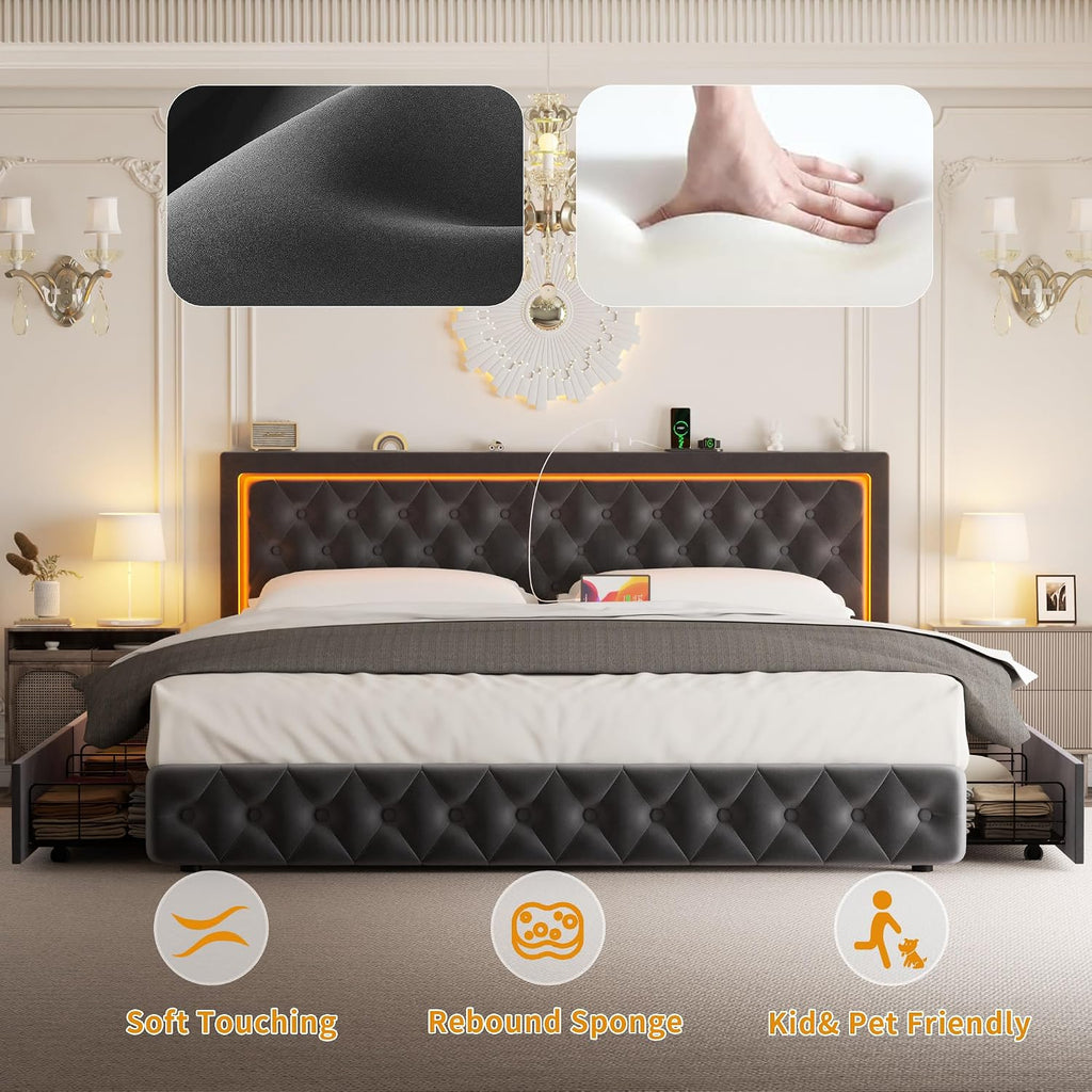 Full Bed Frame with 4 Storage Drawers, Velvet Upholstered Bed Frame Full Size with Charging Station and LED Lights, 46' Adjustable Button Tufted Headboard, No Box Spring Needed, Grey