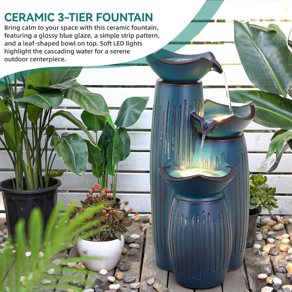 30' H Ceramic Outdoor Water Fountain with LED Lights, 3-Tier Cascading Lotus Bowls Water Feature, Soothing Cascading Waterfall for Garden, Patio, Yard, Turquoise Vertical Striped Texture