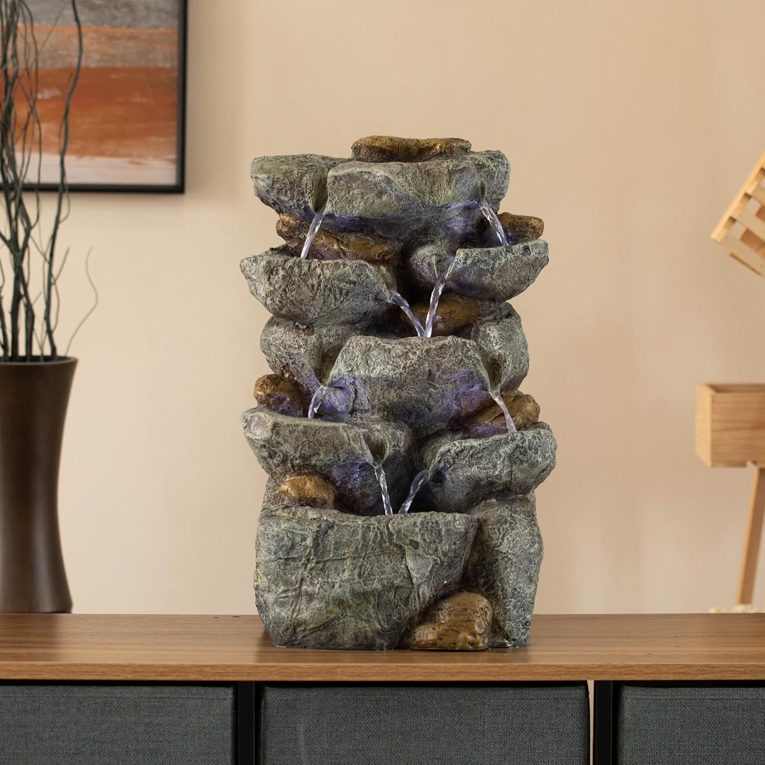 Cascading Electric Powered 8-Tier Rock Water Fountain with LED Lights 18.5' for Indoor and Outdoor Use