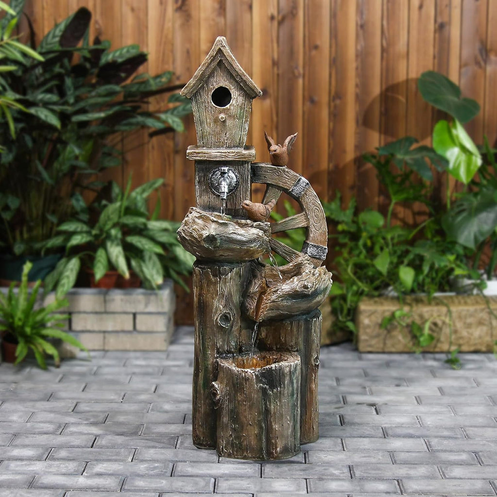 YZM 38.38' H Water Fountain Outdoor Garden 3-Tier Birdhouse Waterfall Fountain with Faucet Tree Trunk Indoor Floor Cascading Water Feature with LED Lights for Patio Yard Home Backyard Decor