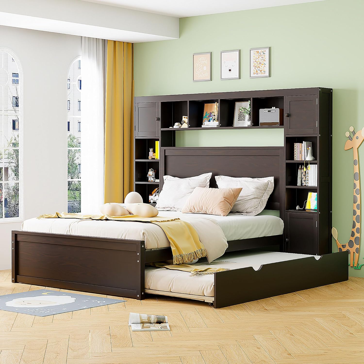 Queen Platform Bed with All-in-One Cabinet, Shelf and Sockets, Wood Queen Beds with 2 Storage Drawers and Trundle, Queen Size Bed Frame for Bed Room, No Box Spring Needed,Espresso