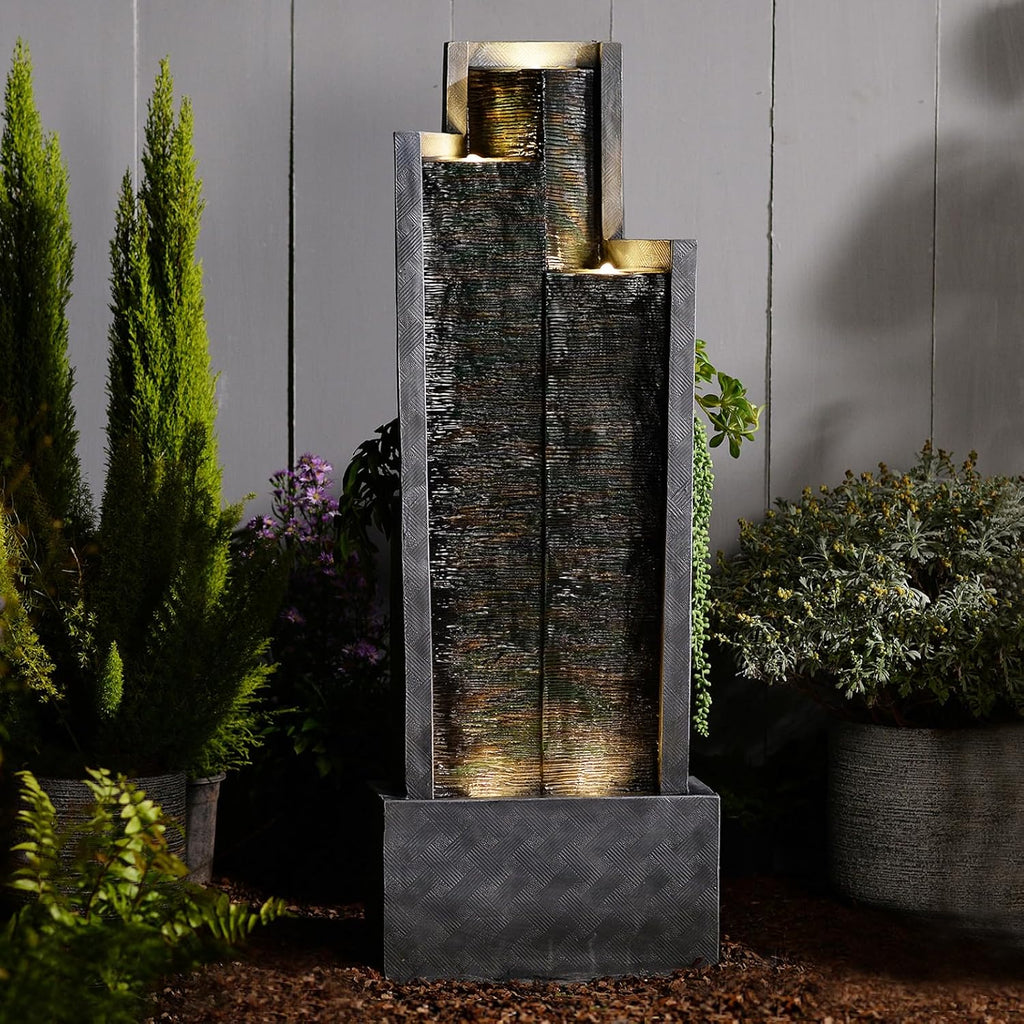49.6' H Garden Fountains Outdoor Modern Cascading Indoor Water Fountain Tall Floor - Standing Fountain with Lights for Garden, Patio, Yard, Deck and Home Art Decor