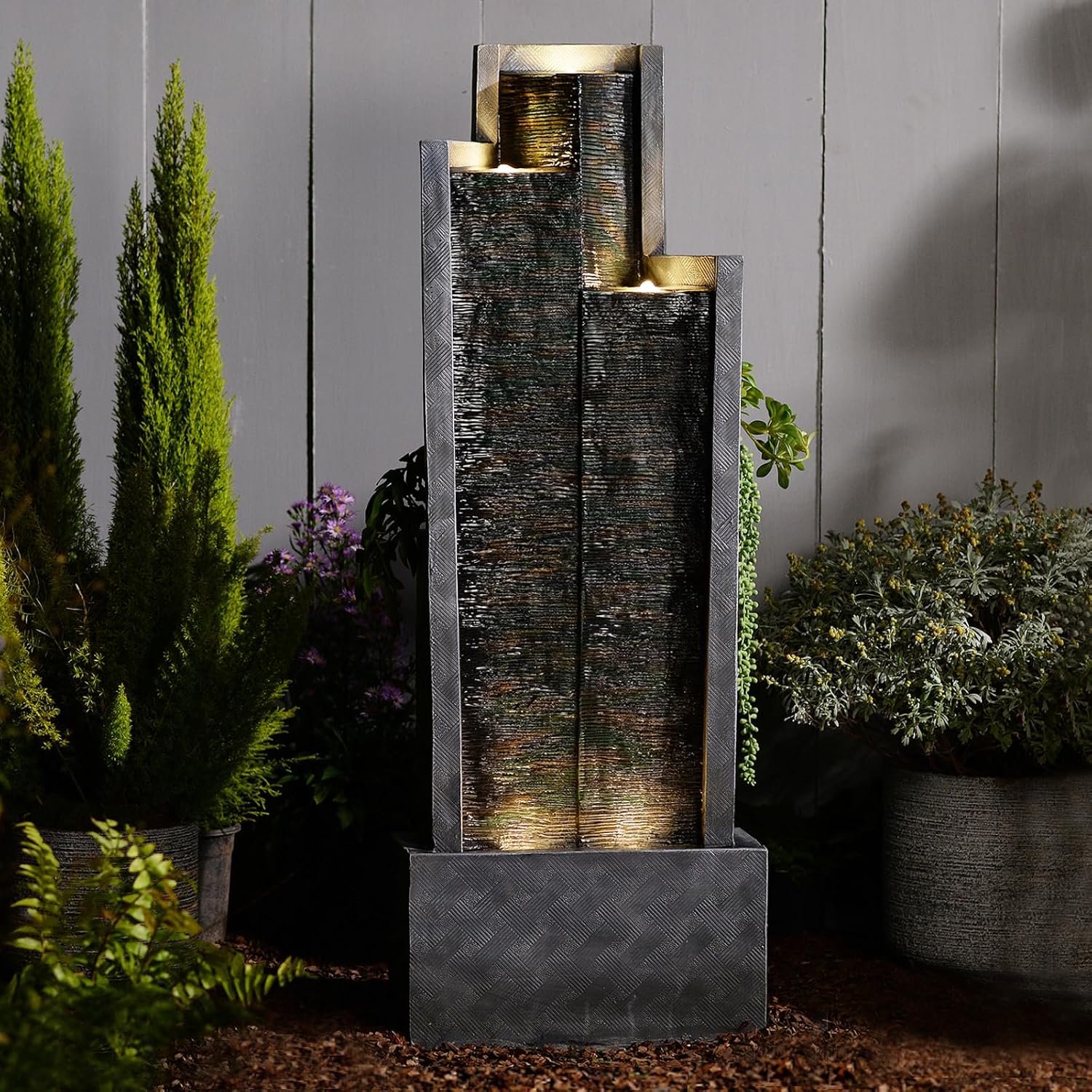 49.6' H Garden Fountains Outdoor Modern Cascading Indoor Water Fountain Tall Floor - Standing Fountain with Lights for Garden, Patio, Yard, Deck and Home Art Decor
