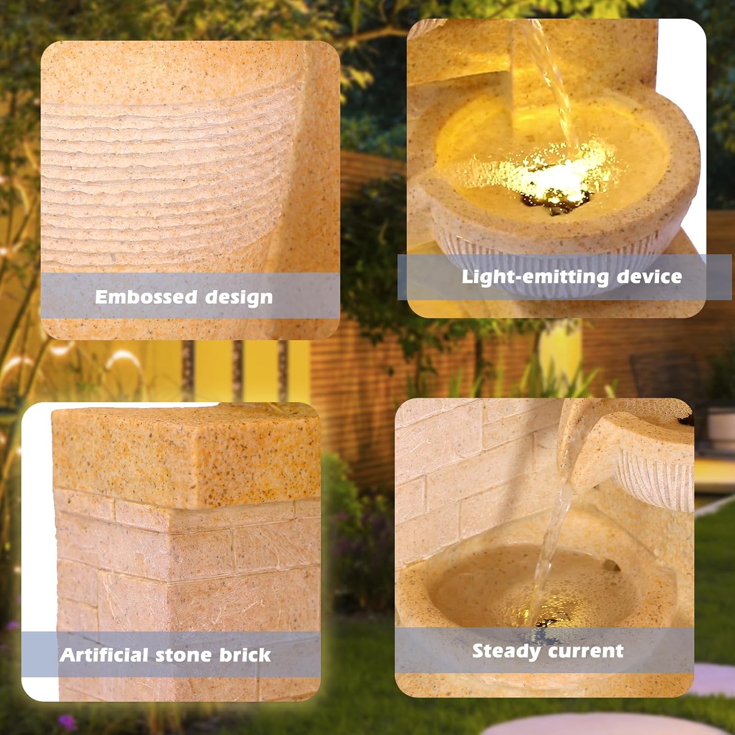 Grepatio 4-Tiers Indoor/Outdoor Garden Water Fountain, 32'H Cascading Water Feature Waterfalls Fountain with LED Lights, Outdoor Floor Standing Water Fountains for Garden, Yard, Patio, Decor (Yellow)