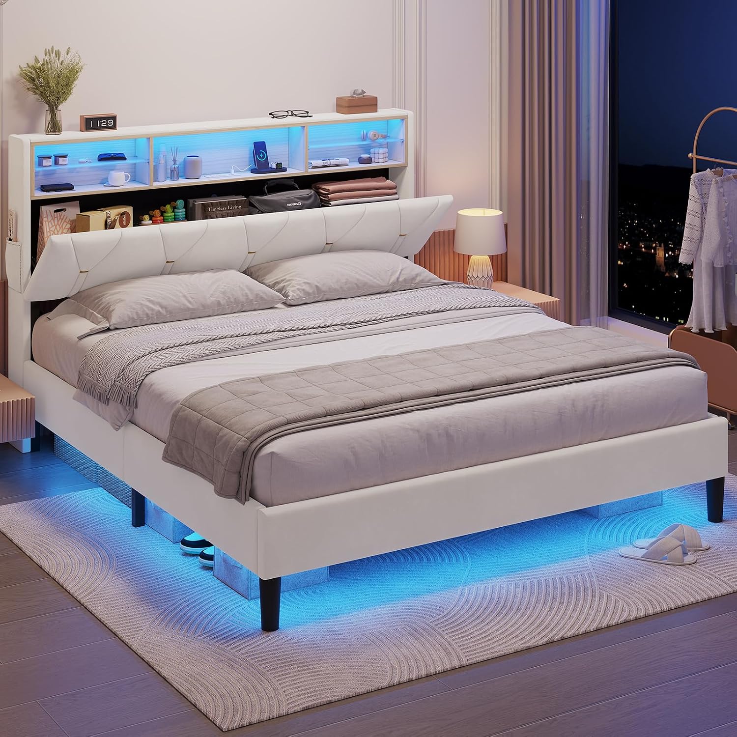 HAUOMS Queen Bed Frame with Storage Headboard and RGB LED Lights, Velet Upholstered Platform Bed Frame Queen Size with Type-C & USB Charging Station, Stable Easy Assembly,Creamy White