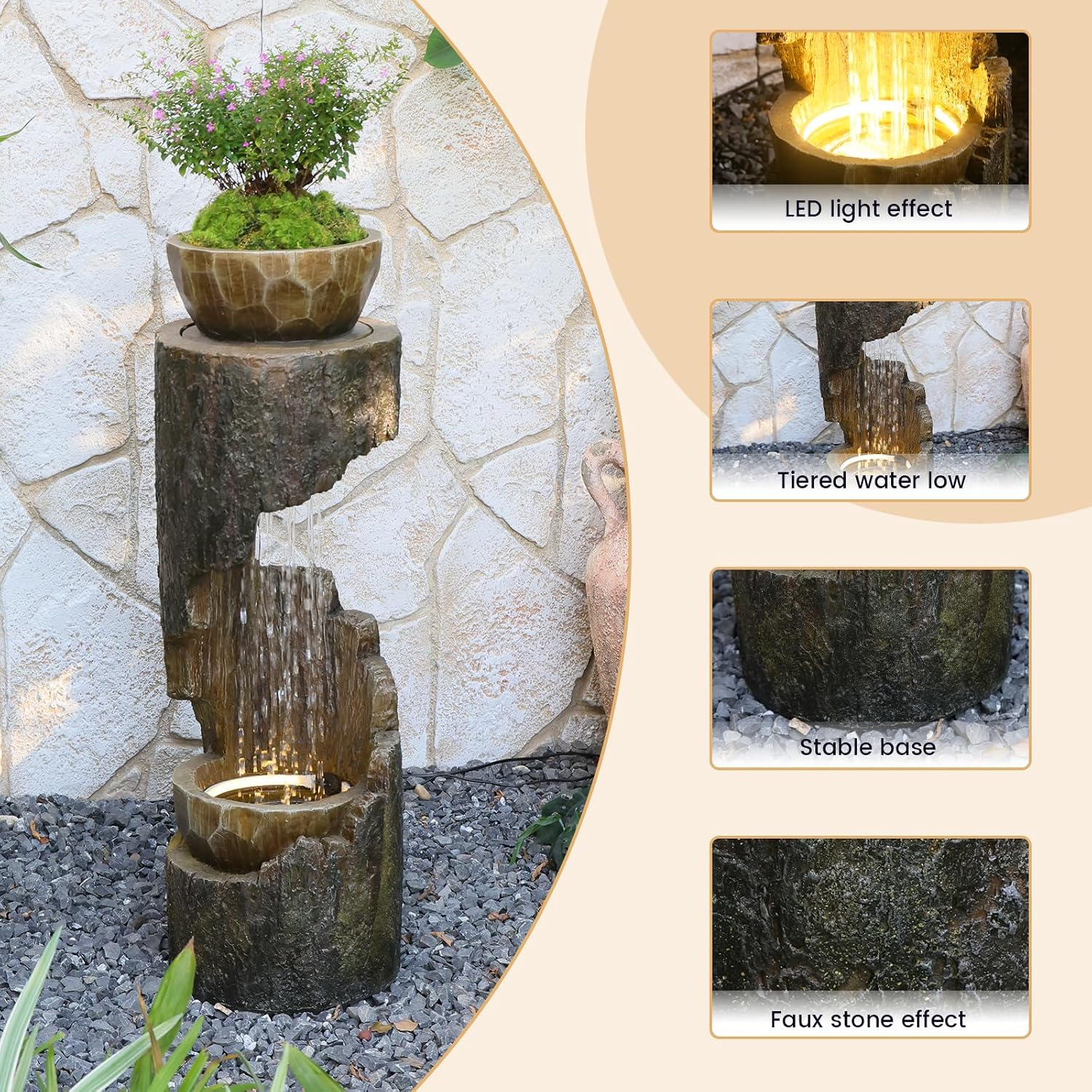 Outdoor Fountain Garden - Patio Waterfall Fountain with Lights, Rustic Wood-Style Cascading Waterfall with Planter Bird Feeder, Resin Water Feature for Deck, Patio, Backyard or Porch, 33.9' H