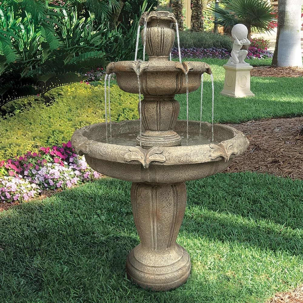 48' H Outdoor Floor Water Fountain, 3-Tiers Concrete Water Fountain with Submersible Electric Pump - Garden Cascading Waterfall for Yard Patio Lawn Home Decor